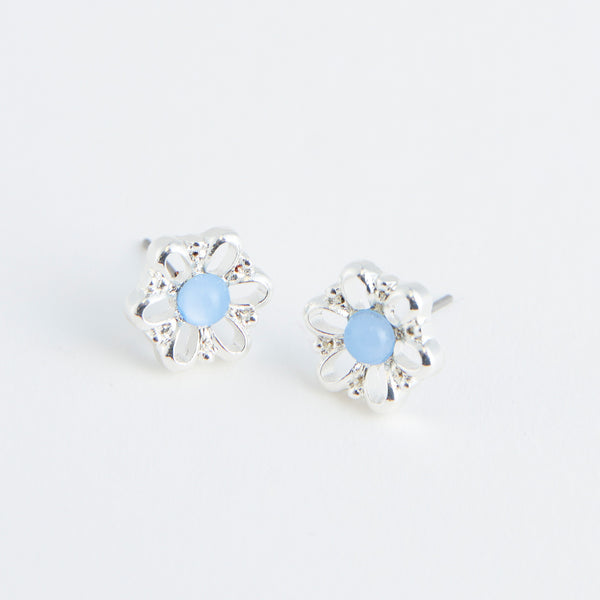 Ear Sense Silver and Blue Stone Flower Stud Earrings