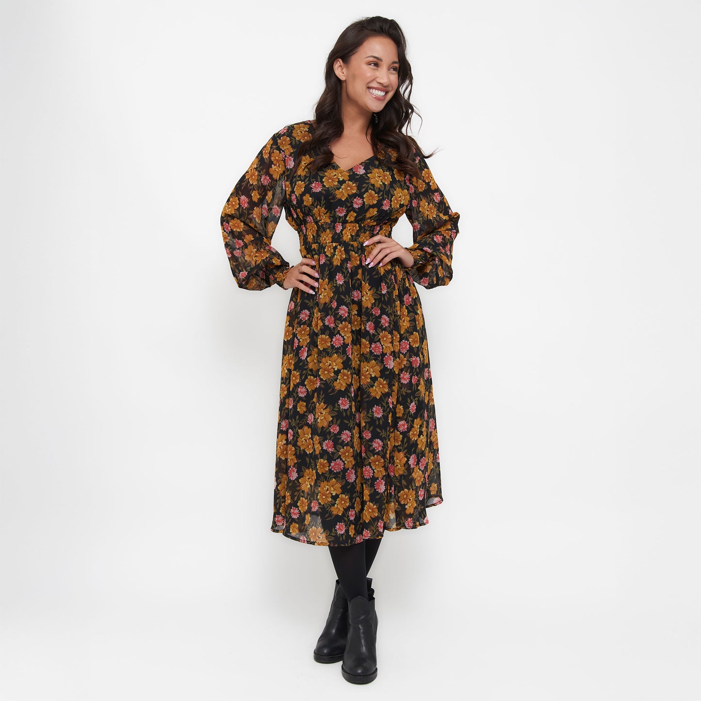 Brett Long Sleeve Floral Midi Dress