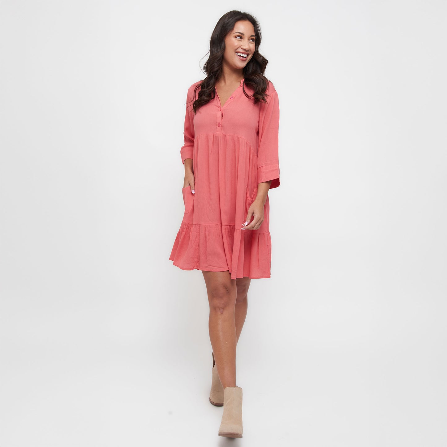 Rayanne 3/4 Sleeve V-Neck Mid-Length Tiered Dress