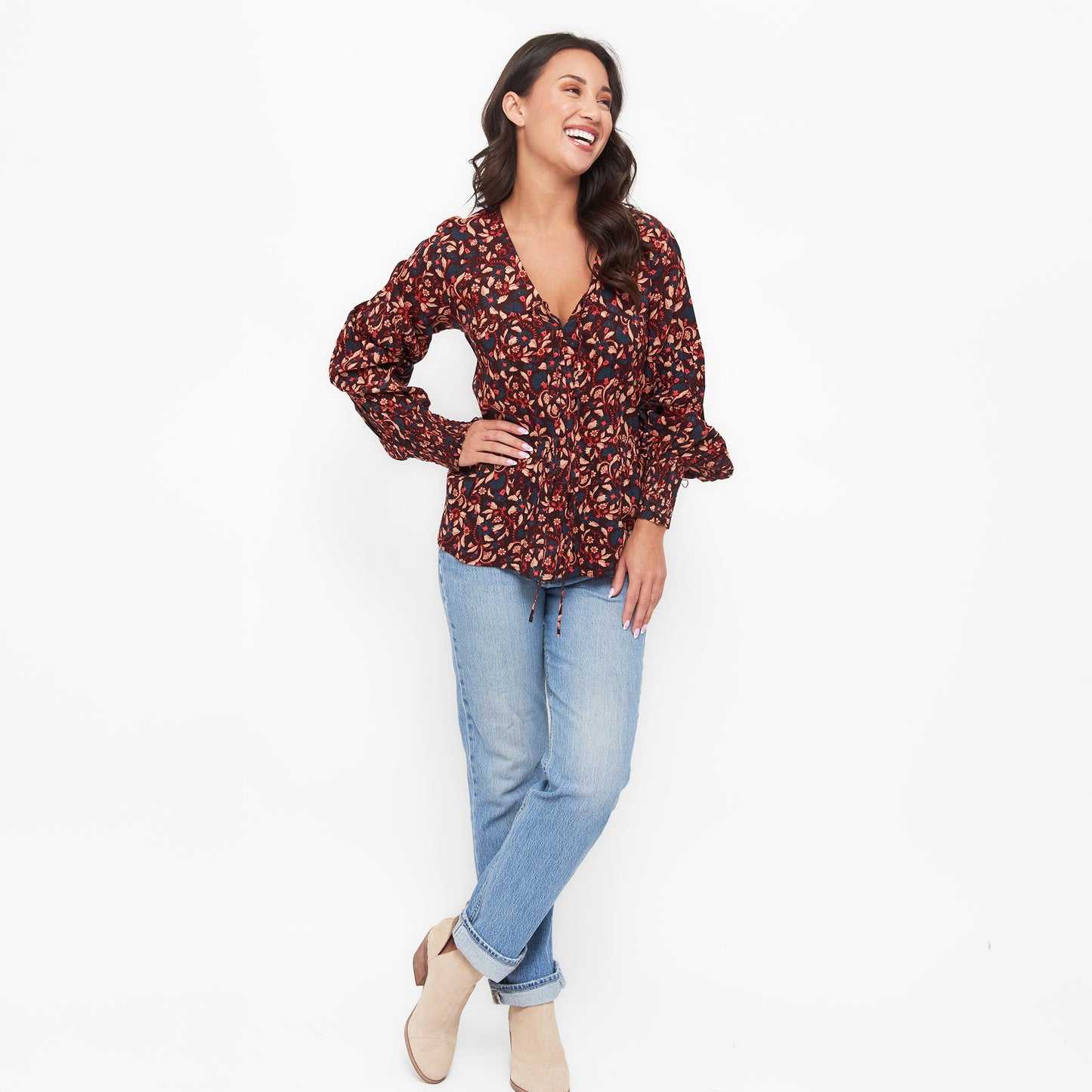 Drew Floral Fig V-Neck Long Sleeve Tiered Blouse