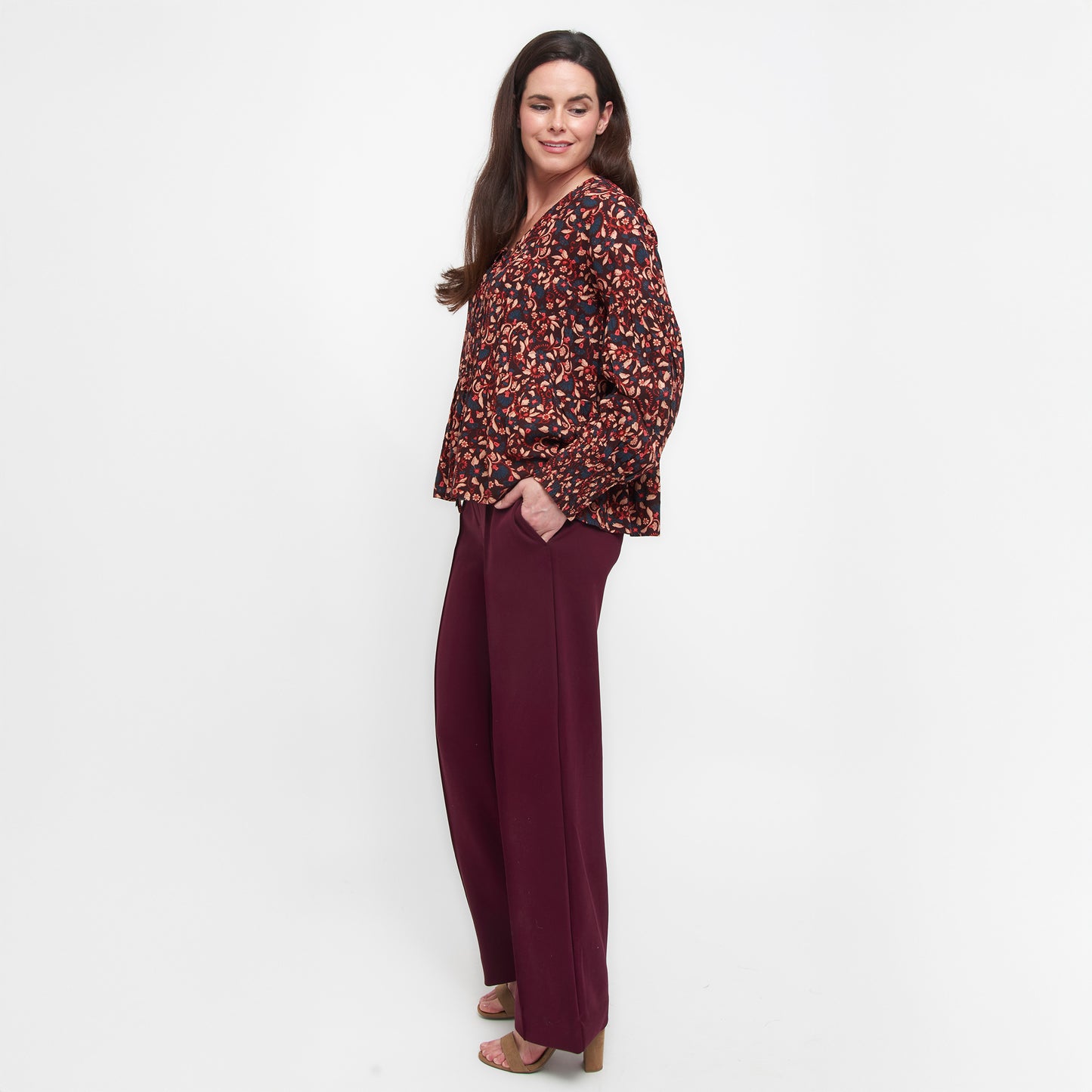 Drew Floral Fig V-Neck Long Sleeve Tiered Blouse