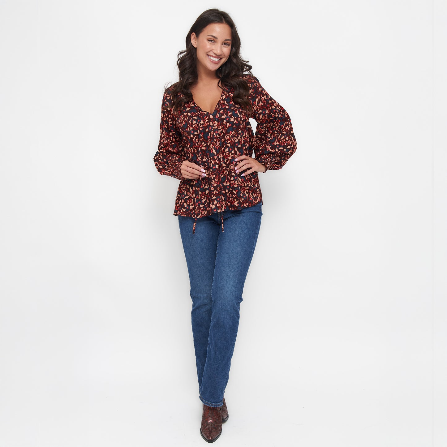 Drew Floral Fig V-Neck Long Sleeve Tiered Blouse