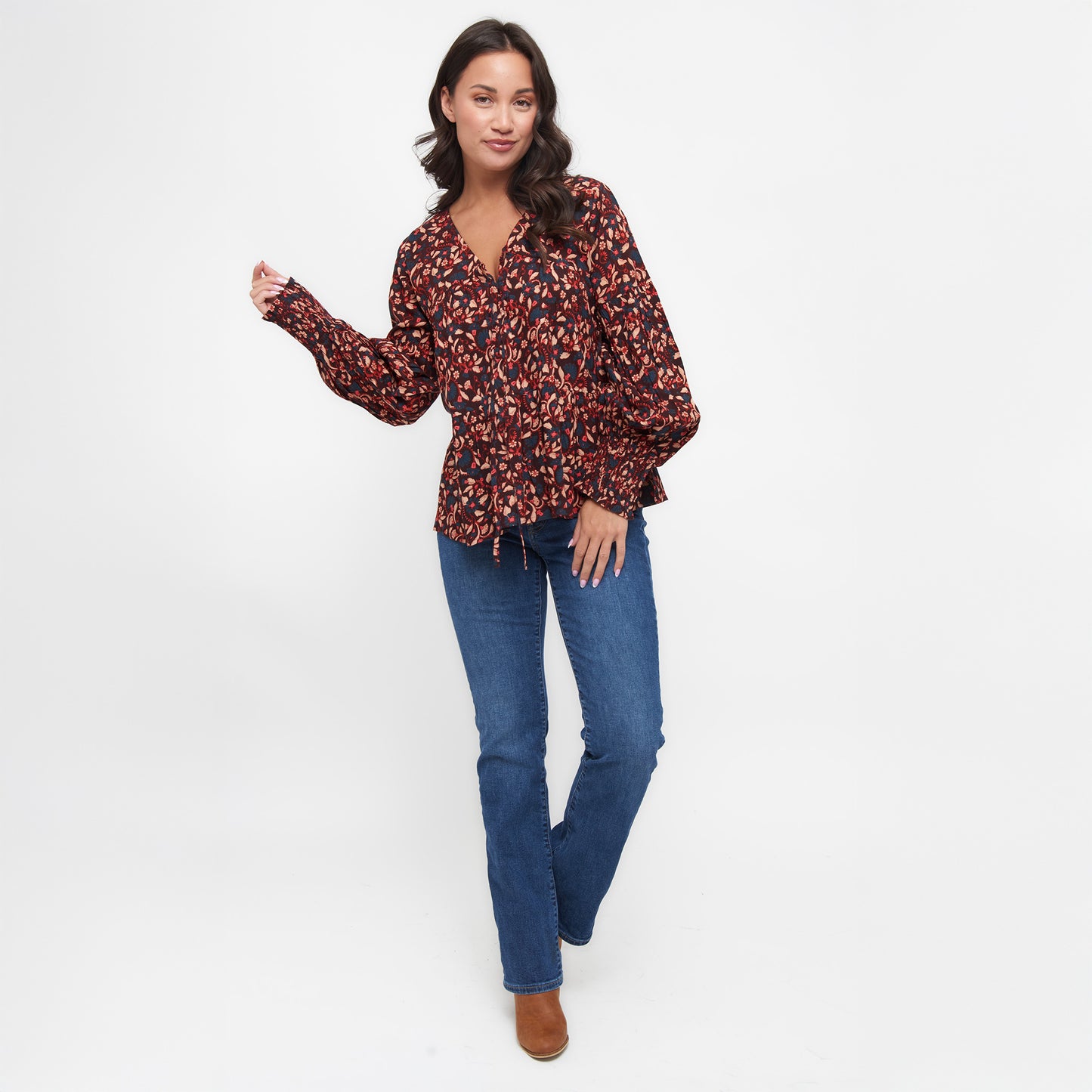 Drew Floral Fig V-Neck Long Sleeve Tiered Blouse