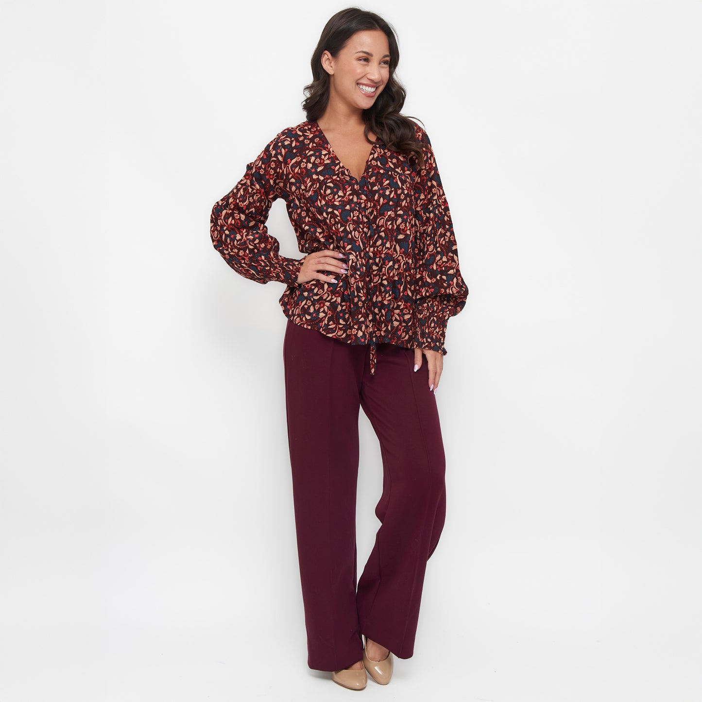 Drew Floral Fig V-Neck Long Sleeve Tiered Blouse
