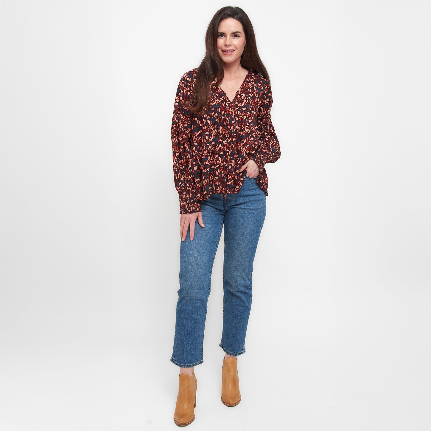 Drew Floral Fig V-Neck Long Sleeve Tiered Blouse