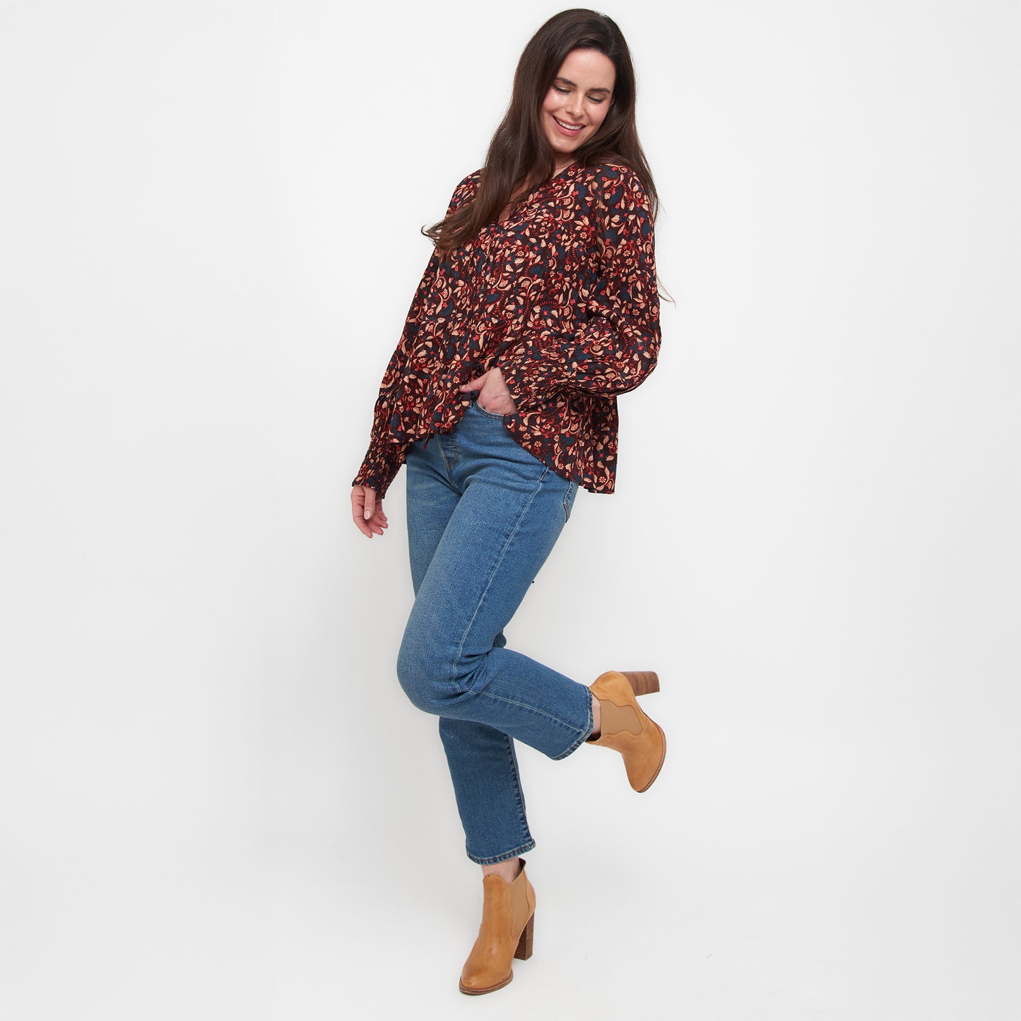Drew Floral Fig V-Neck Long Sleeve Tiered Blouse