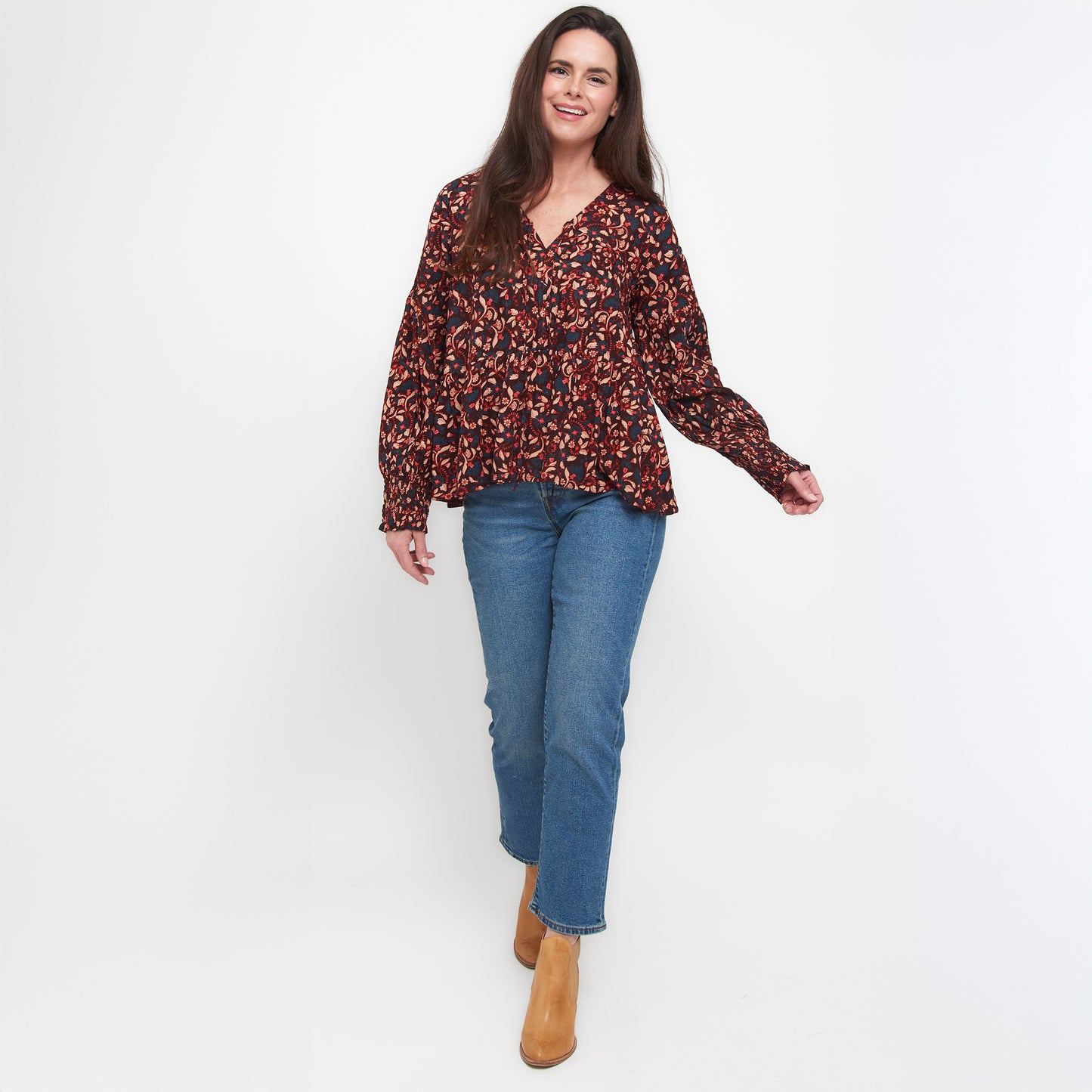 Drew Floral Fig V-Neck Long Sleeve Tiered Blouse