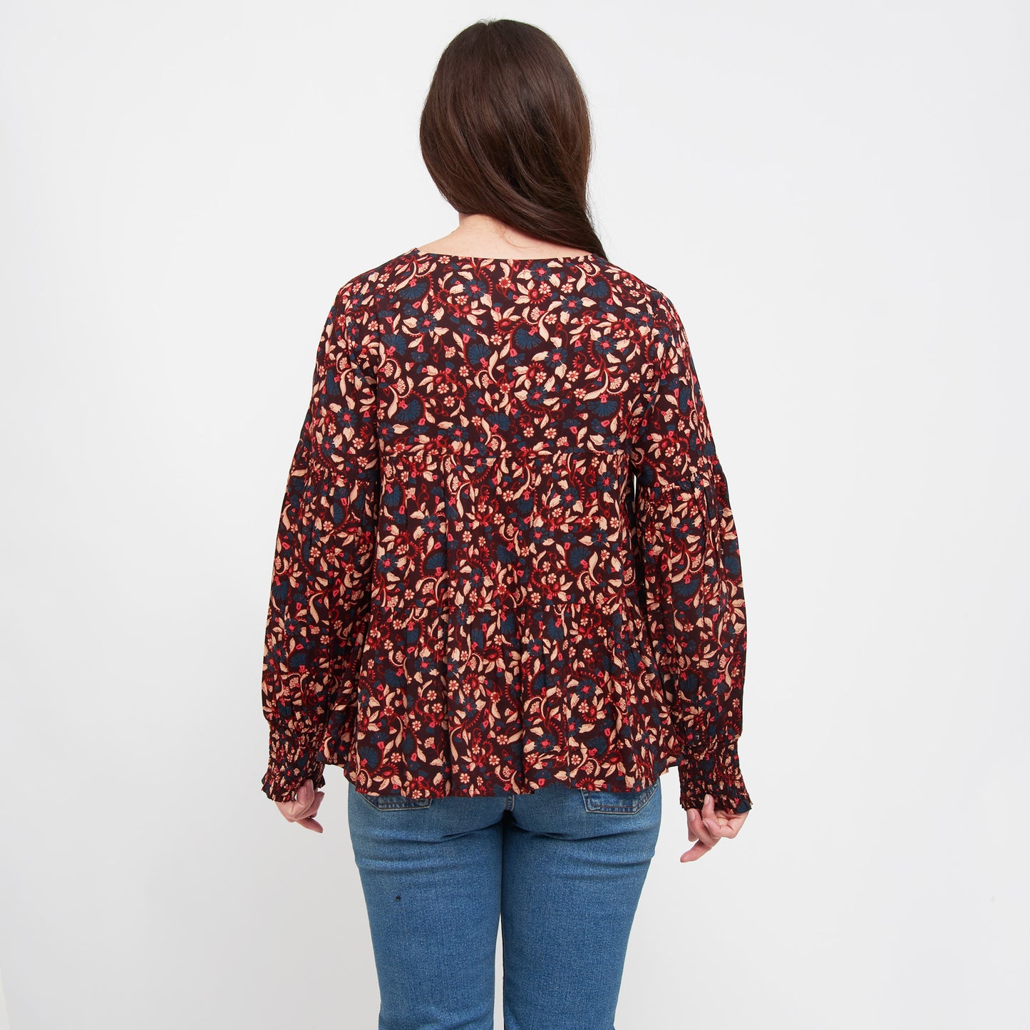 Drew Floral Fig V-Neck Long Sleeve Tiered Blouse