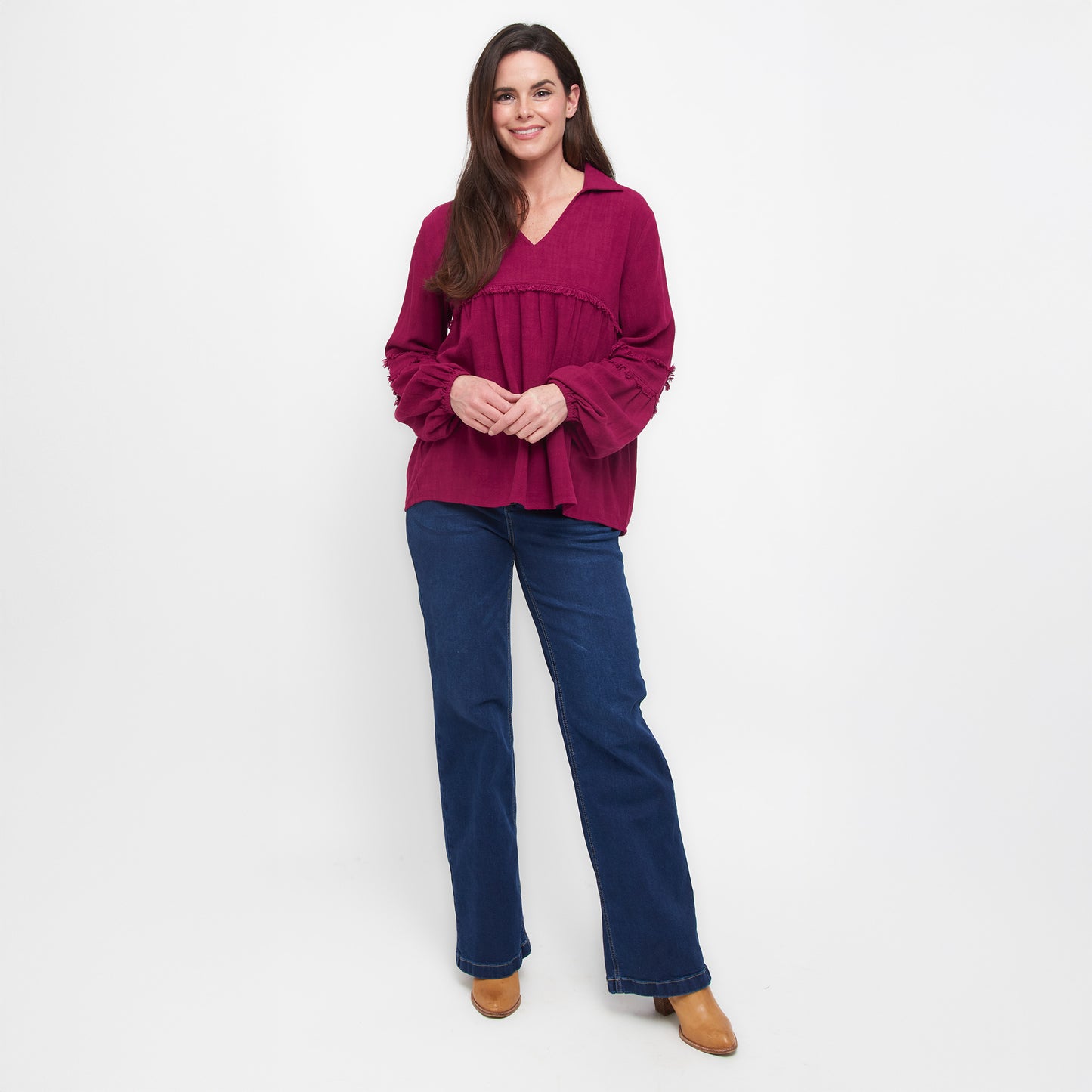 Blayke Collard V-Neck Long Sleeve Babydoll Blouse