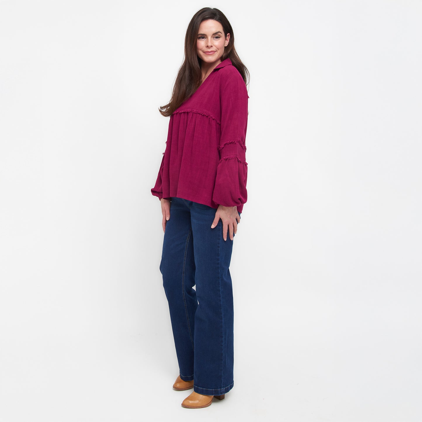 Blayke Collard V-Neck Long Sleeve Babydoll Blouse