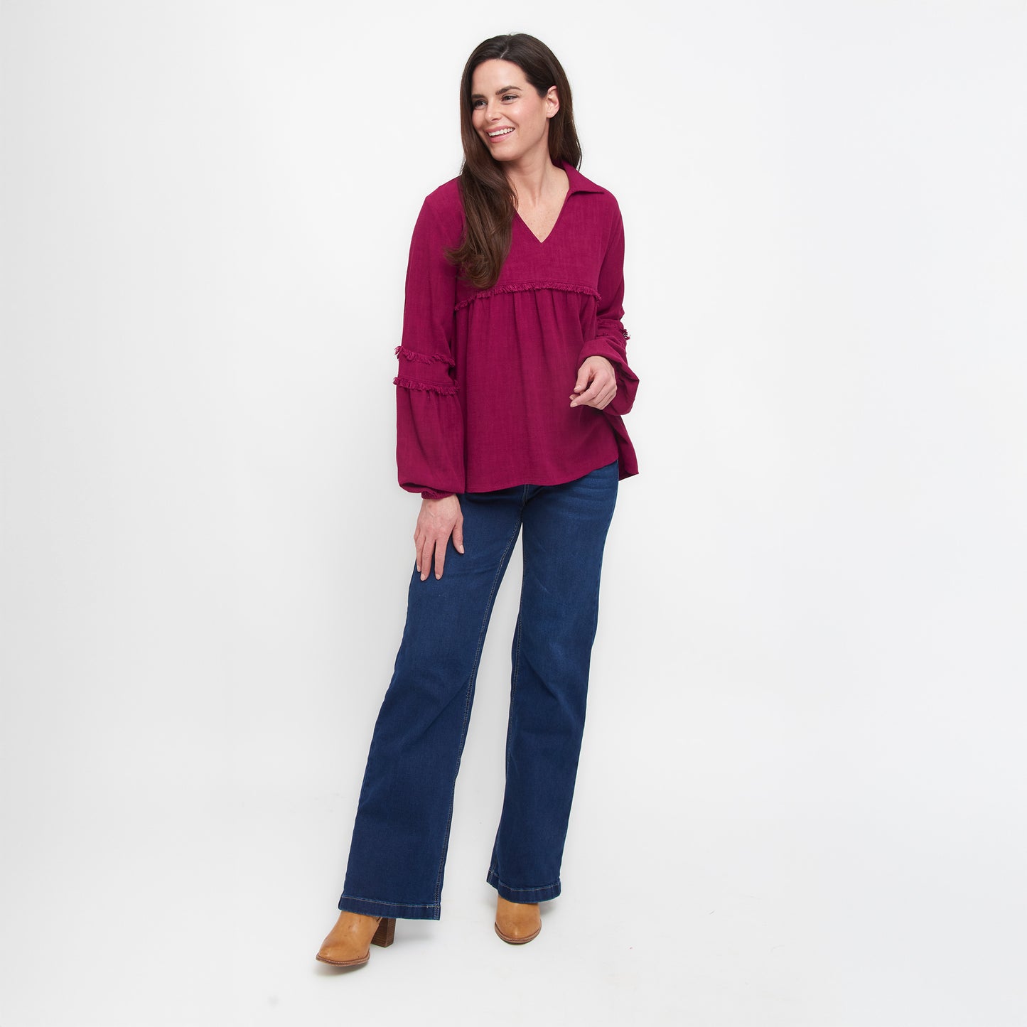Blayke Collard V-Neck Long Sleeve Babydoll Blouse