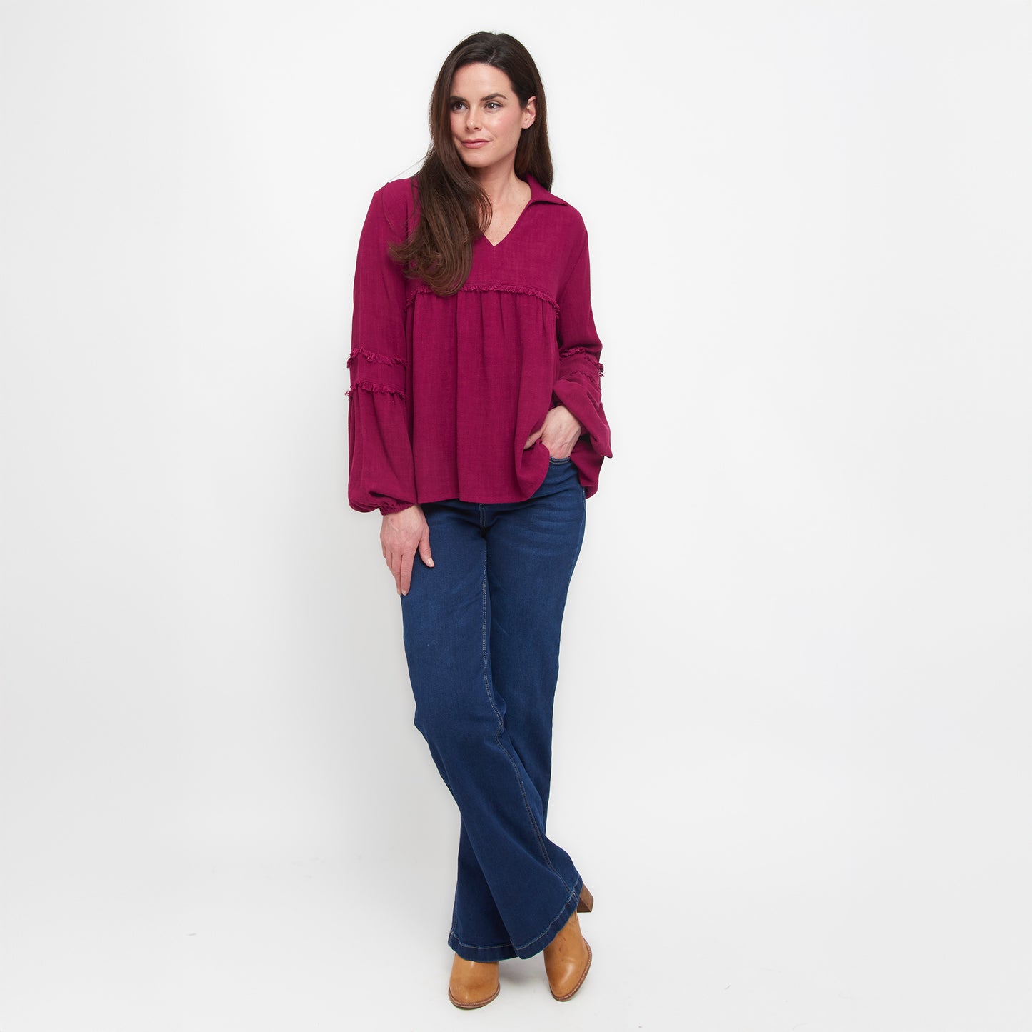 Blayke Collard V-Neck Long Sleeve Babydoll Blouse