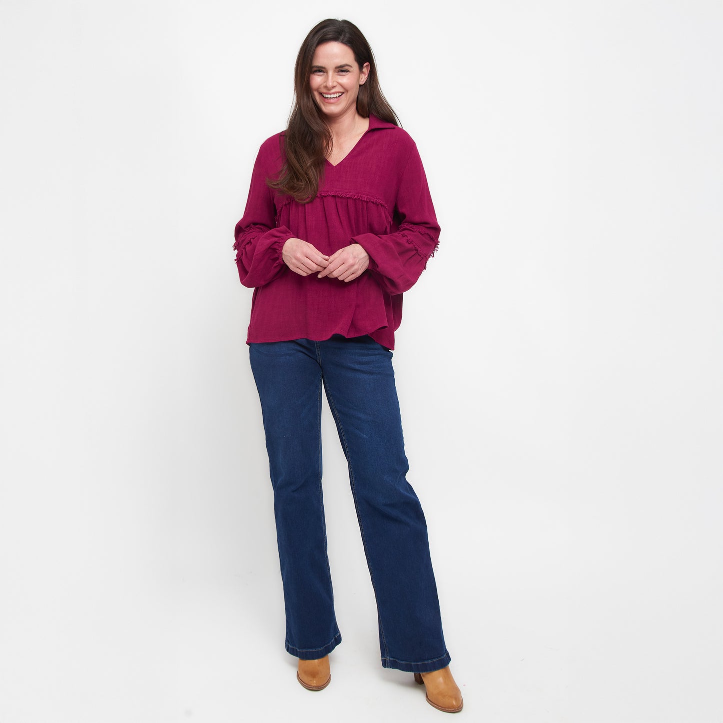 Blayke Collard V-Neck Long Sleeve Babydoll Blouse