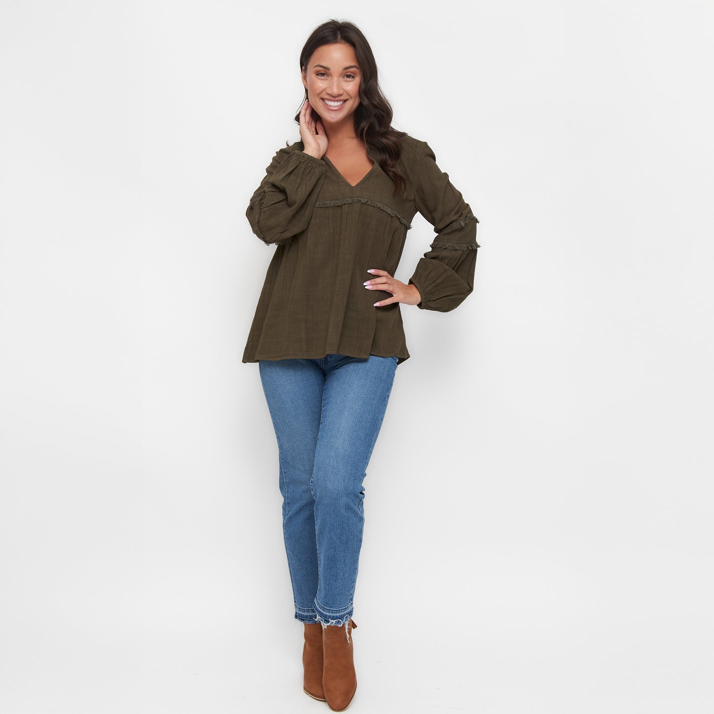 Blayke Collard V-Neck Long Sleeve Babydoll Blouse