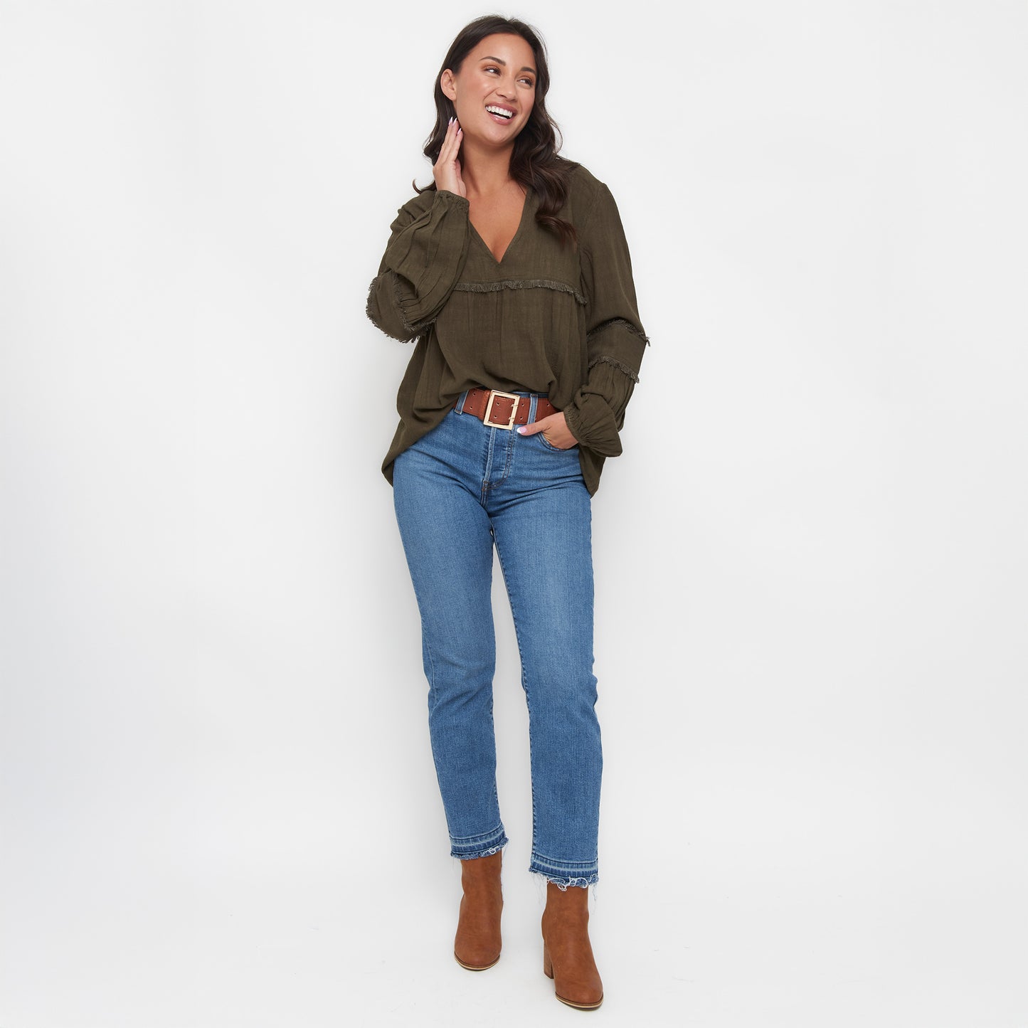 Blayke Collard V-Neck Long Sleeve Babydoll Blouse