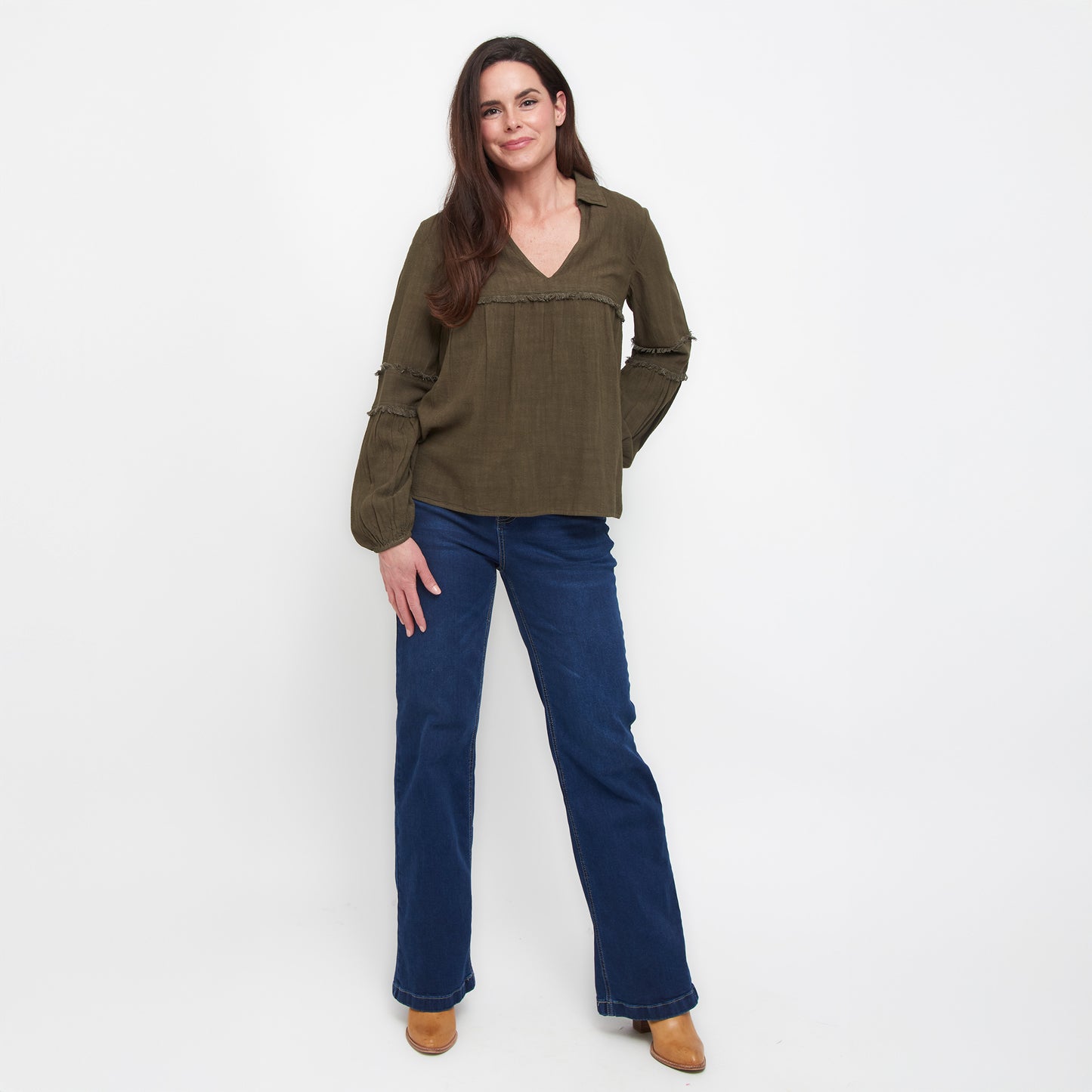 Blayke Collard V-Neck Long Sleeve Babydoll Blouse