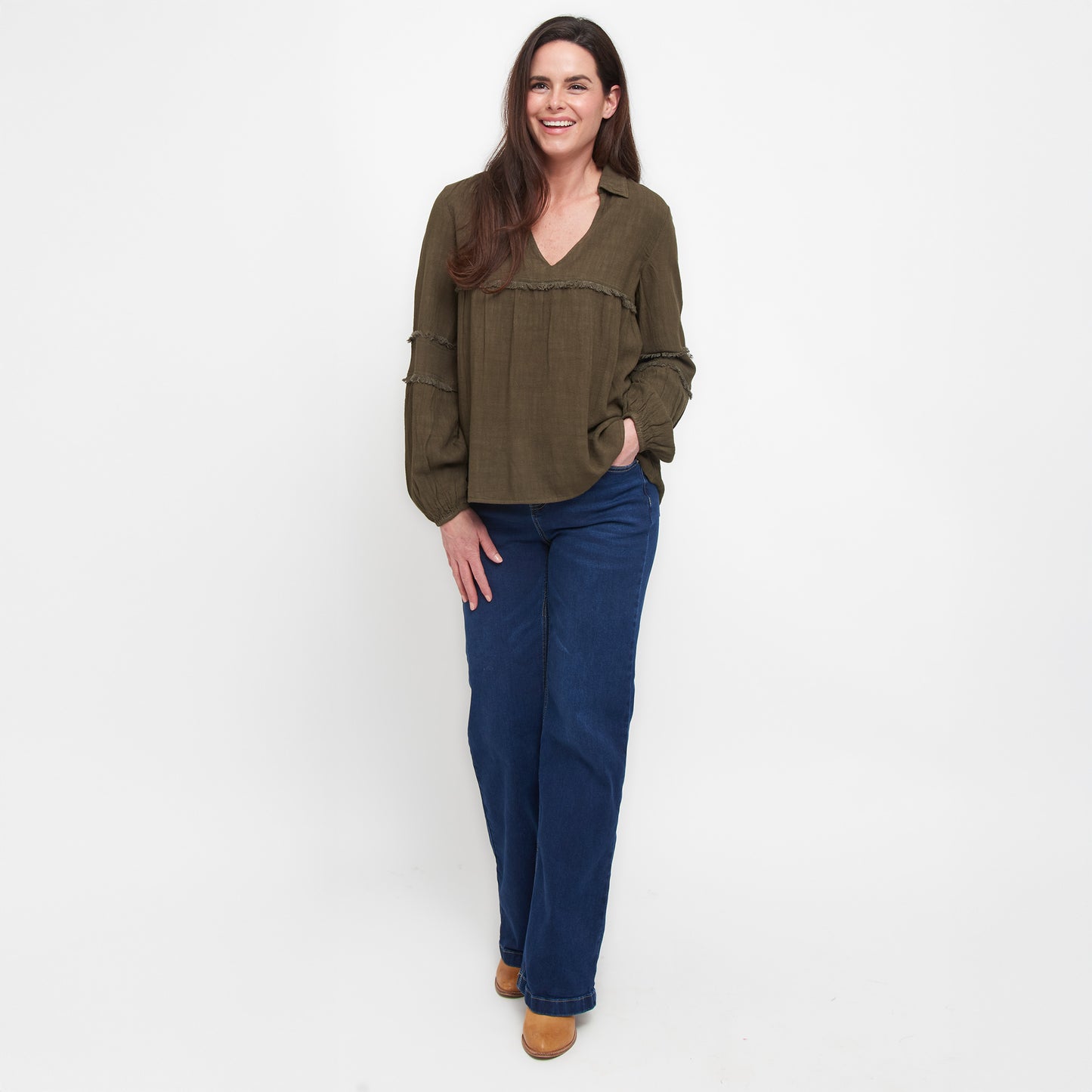 Blayke Collard V-Neck Long Sleeve Babydoll Blouse