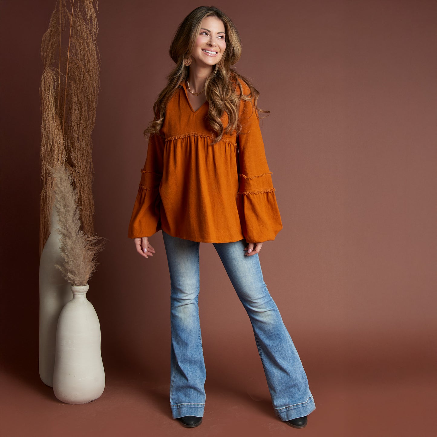 Blayke Collard V-Neck Long Sleeve Babydoll Blouse