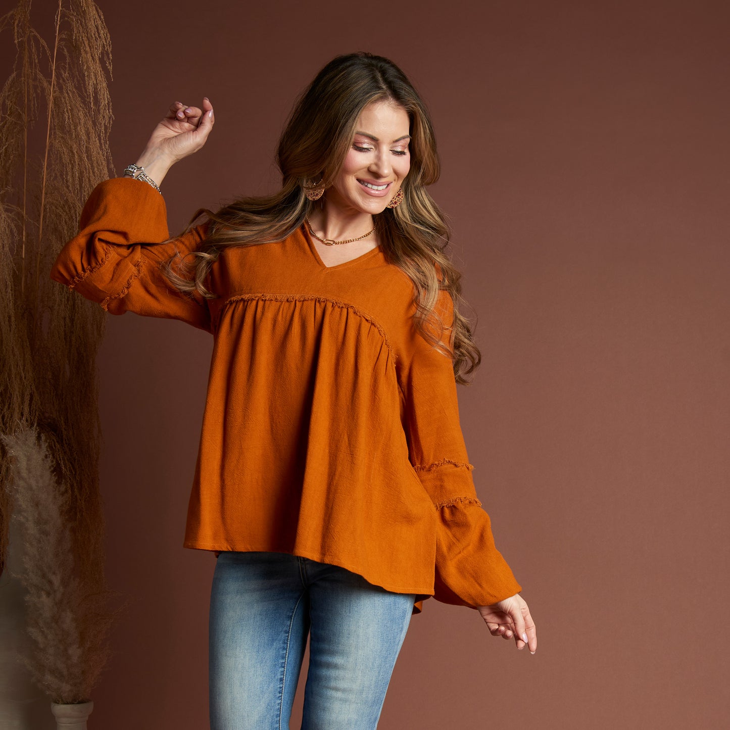 Blayke Collard V-Neck Long Sleeve Babydoll Blouse
