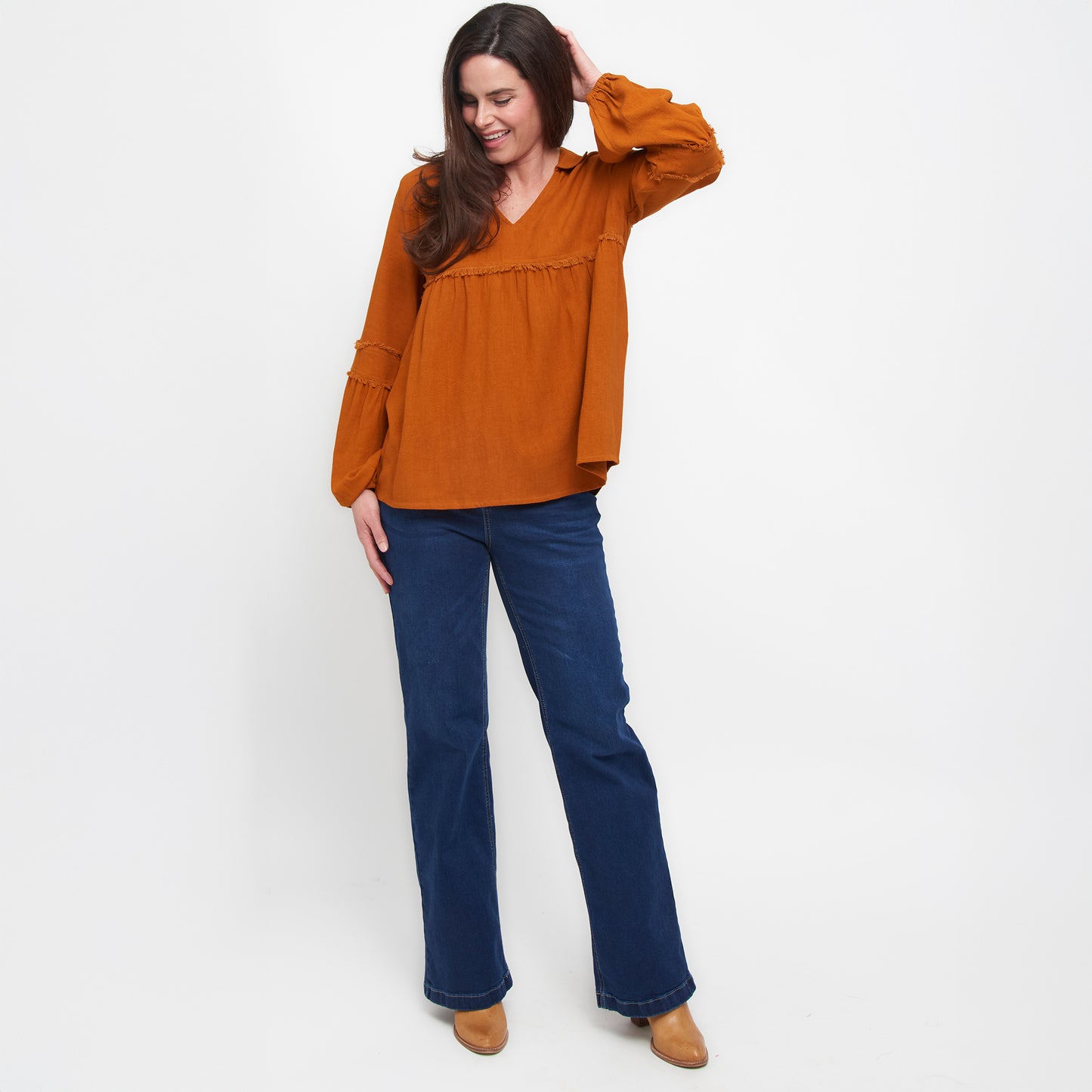 Blayke Collard V-Neck Long Sleeve Babydoll Blouse