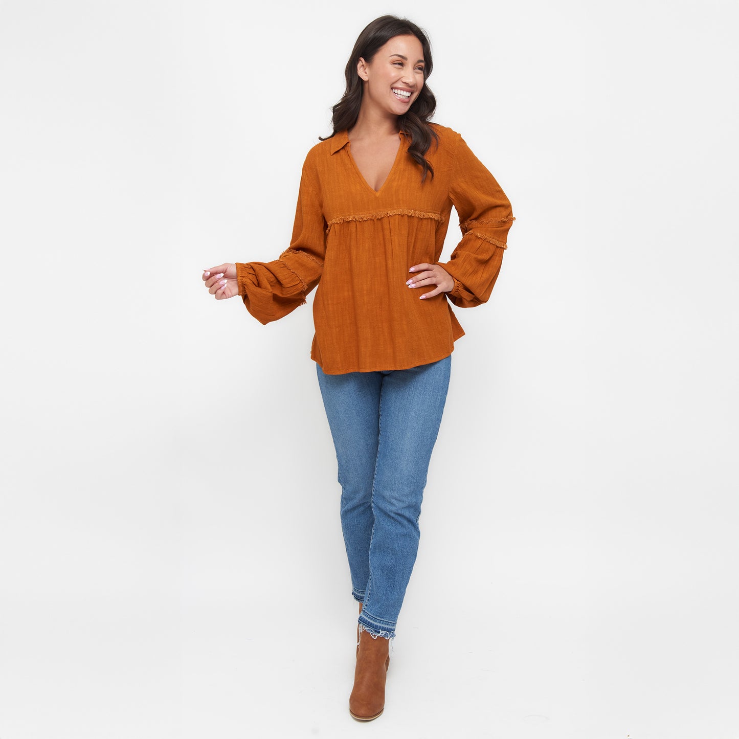 Blayke Collard V-Neck Long Sleeve Babydoll Blouse