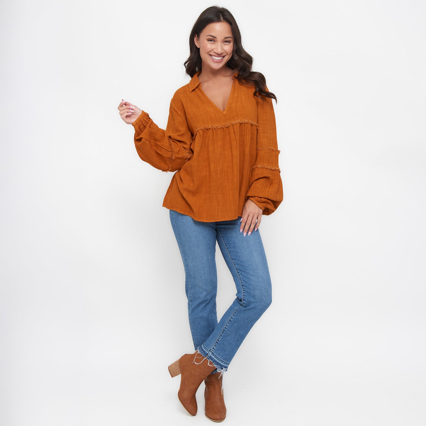Blayke Collard V-Neck Long Sleeve Babydoll Blouse