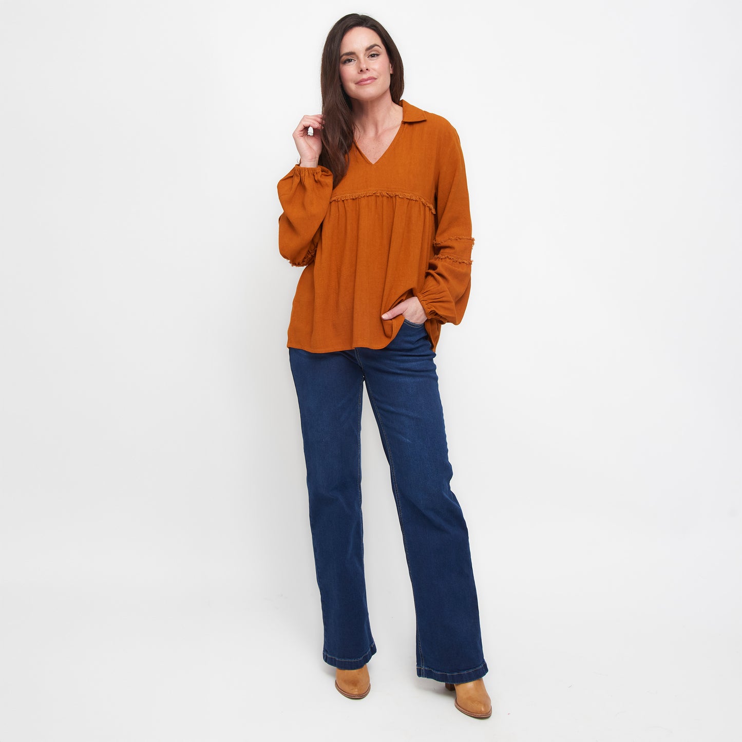 Blayke Collard V-Neck Long Sleeve Babydoll Blouse