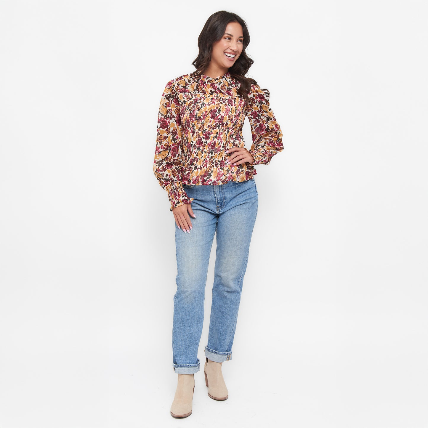 Hazel Smocked Georgette Long Sleeve Blouse