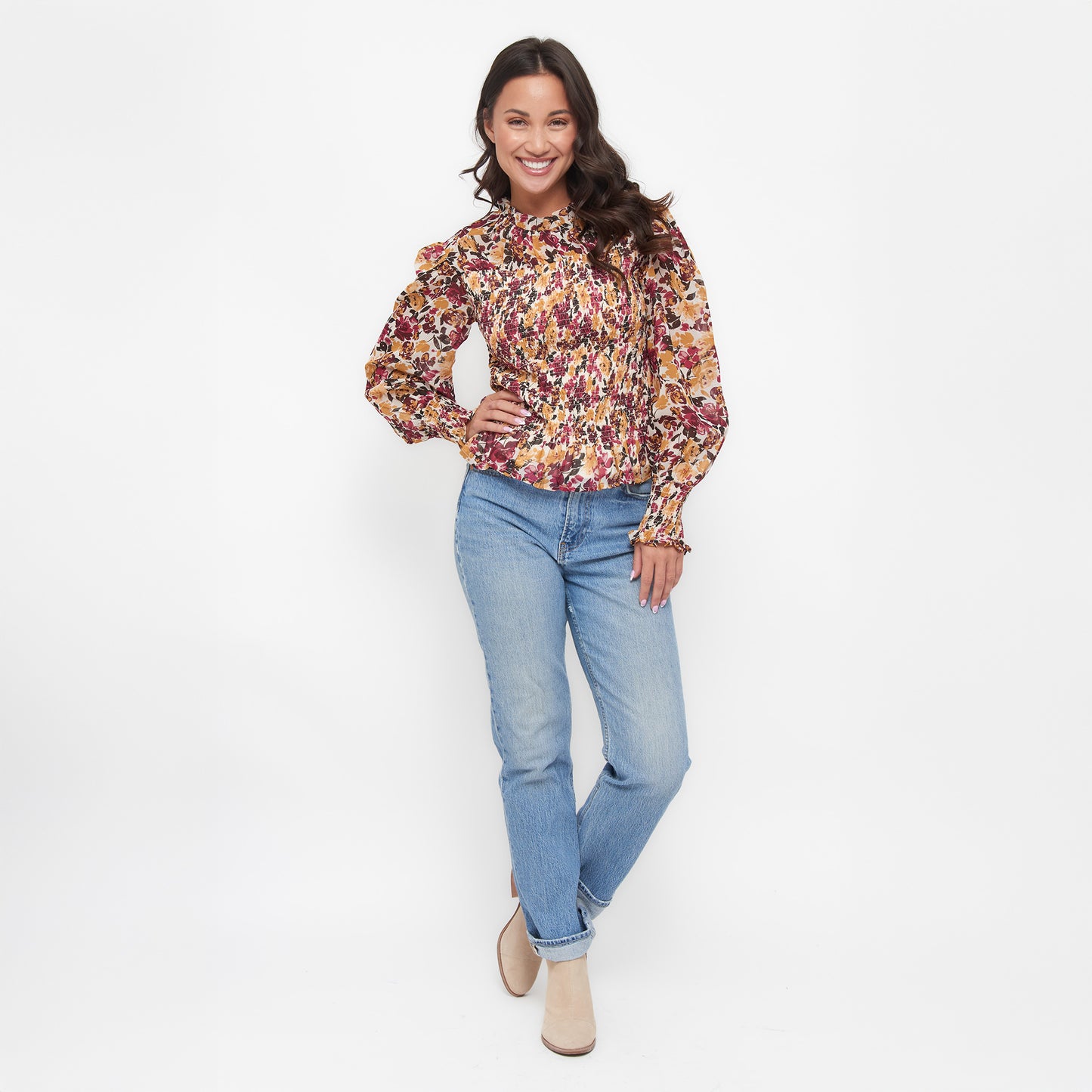 Hazel Smocked Georgette Long Sleeve Blouse