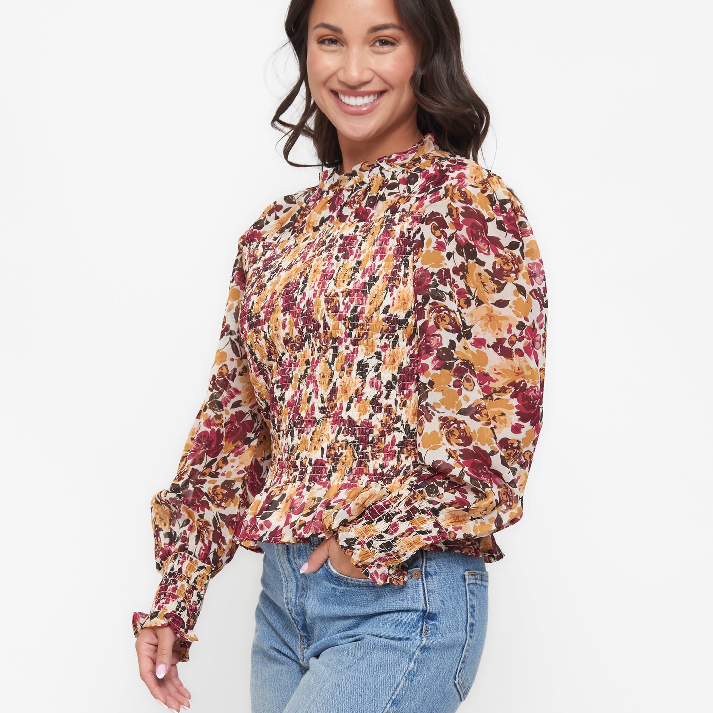 Hazel Smocked Georgette Long Sleeve Blouse
