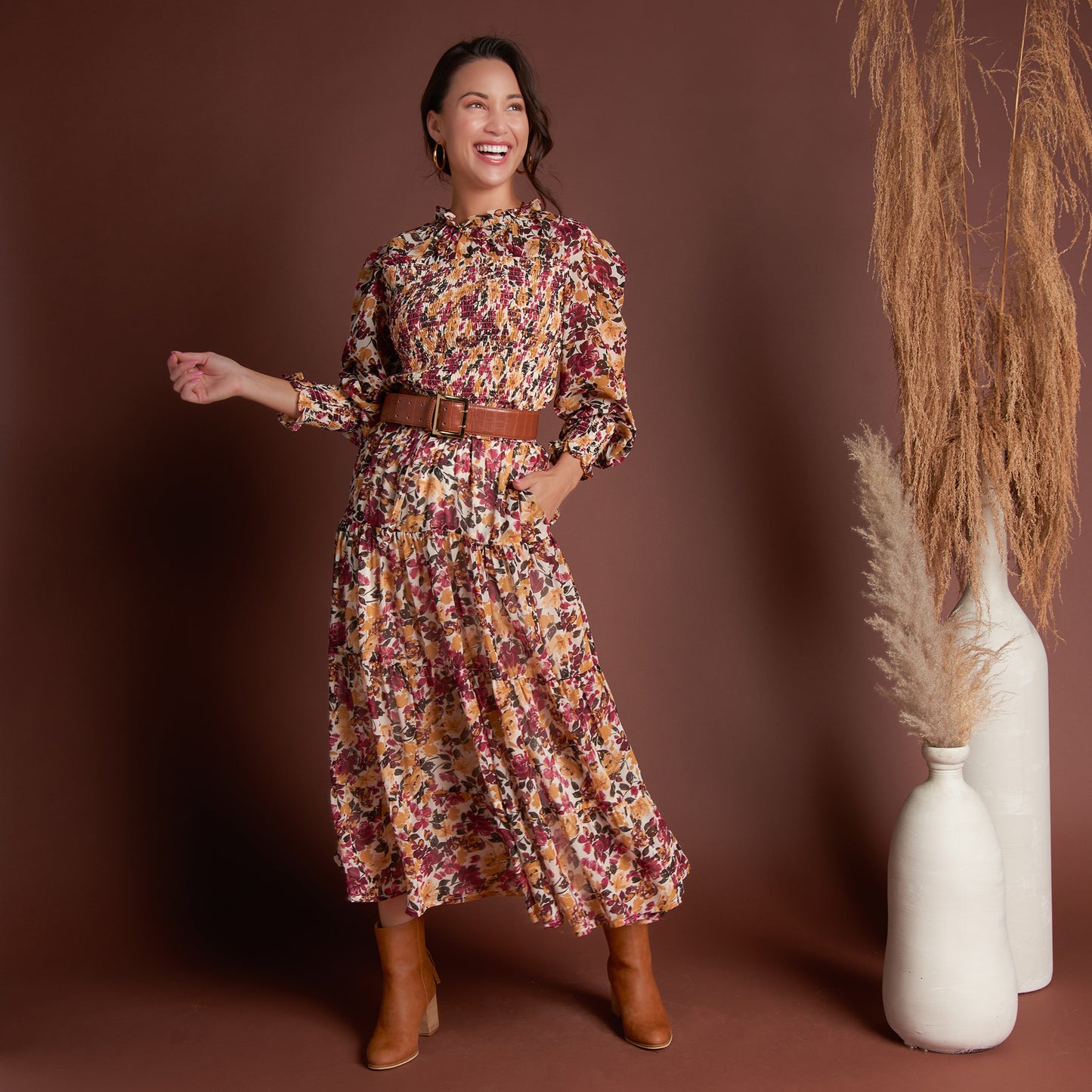 Hazel Smocked Georgette Long Sleeve Blouse