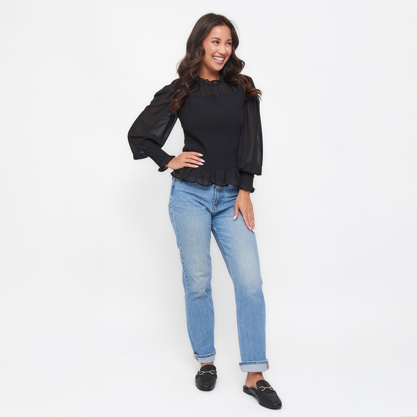 Hazel Smocked Georgette Long Sleeve Blouse