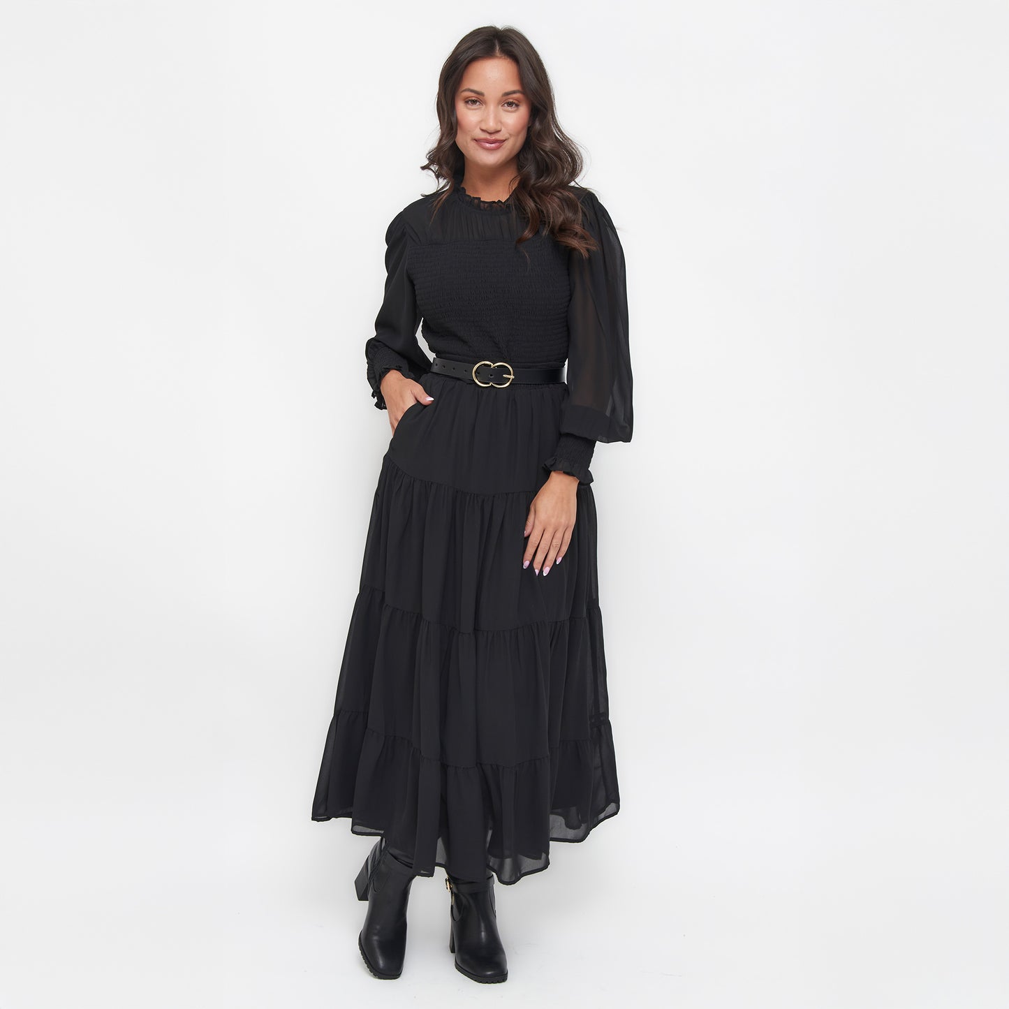 Hazel Smocked Georgette Long Sleeve Blouse