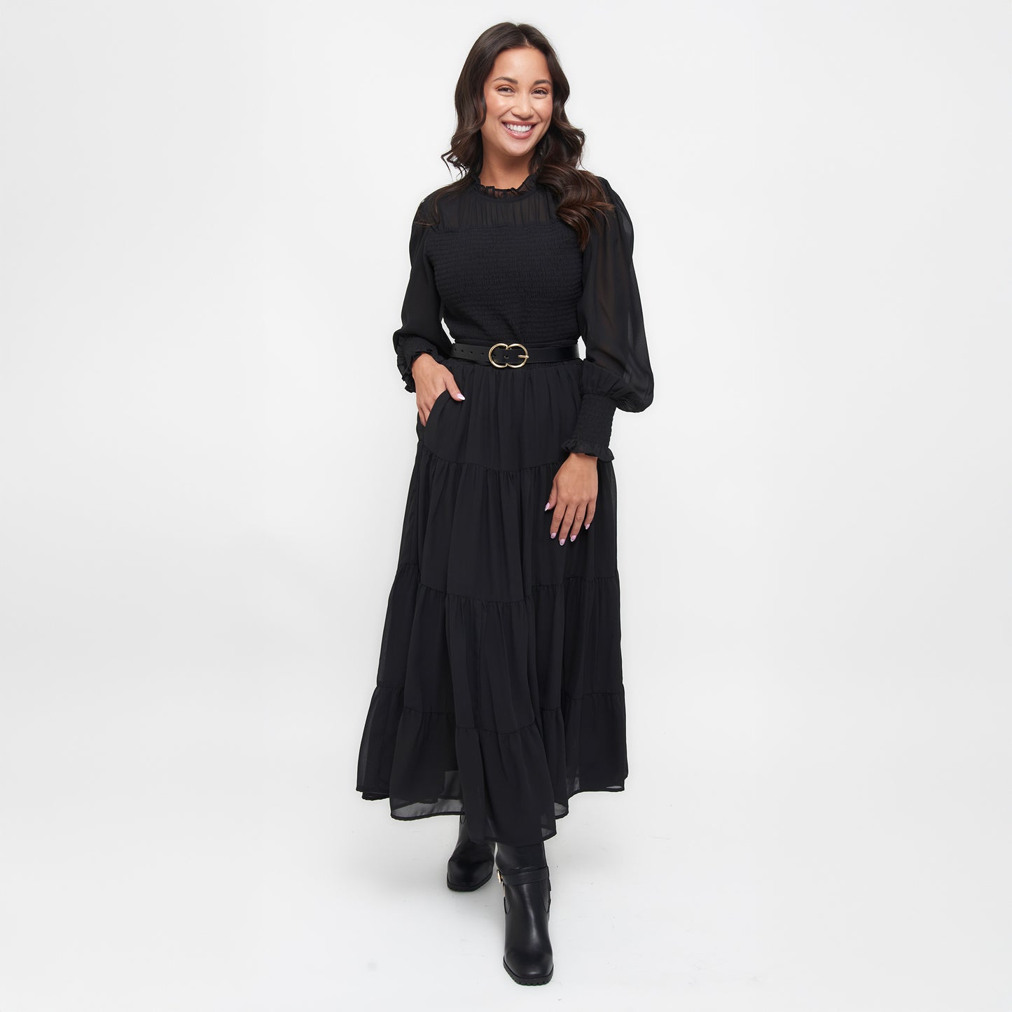 Hazel Smocked Georgette Long Sleeve Blouse