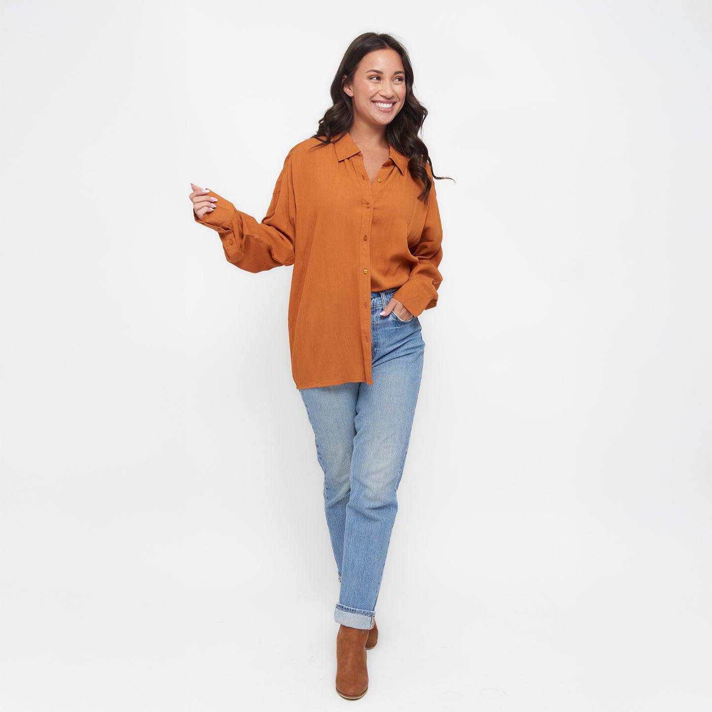 Reece Collared Long Sleeve Boyfriend Button Up Top