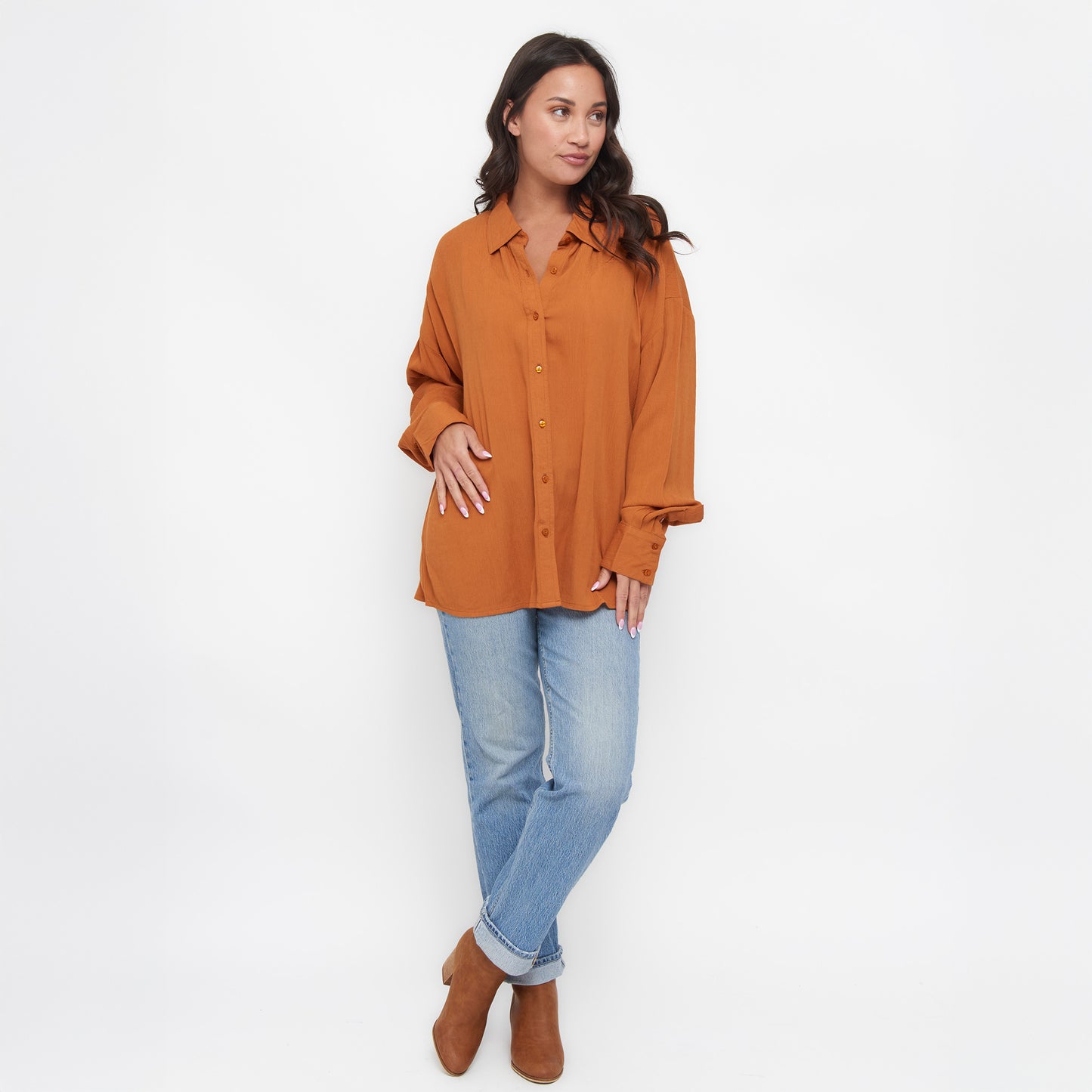 Reece Collared Long Sleeve Boyfriend Button Up Top
