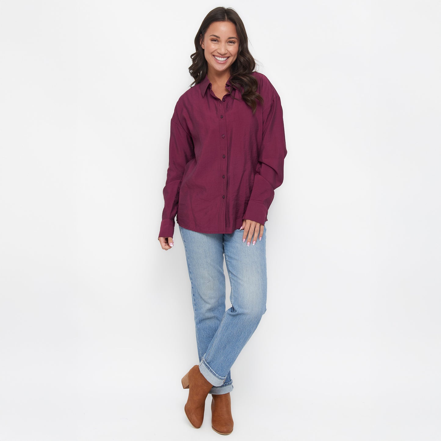 Reece Collared Long Sleeve Boyfriend Button Up Top