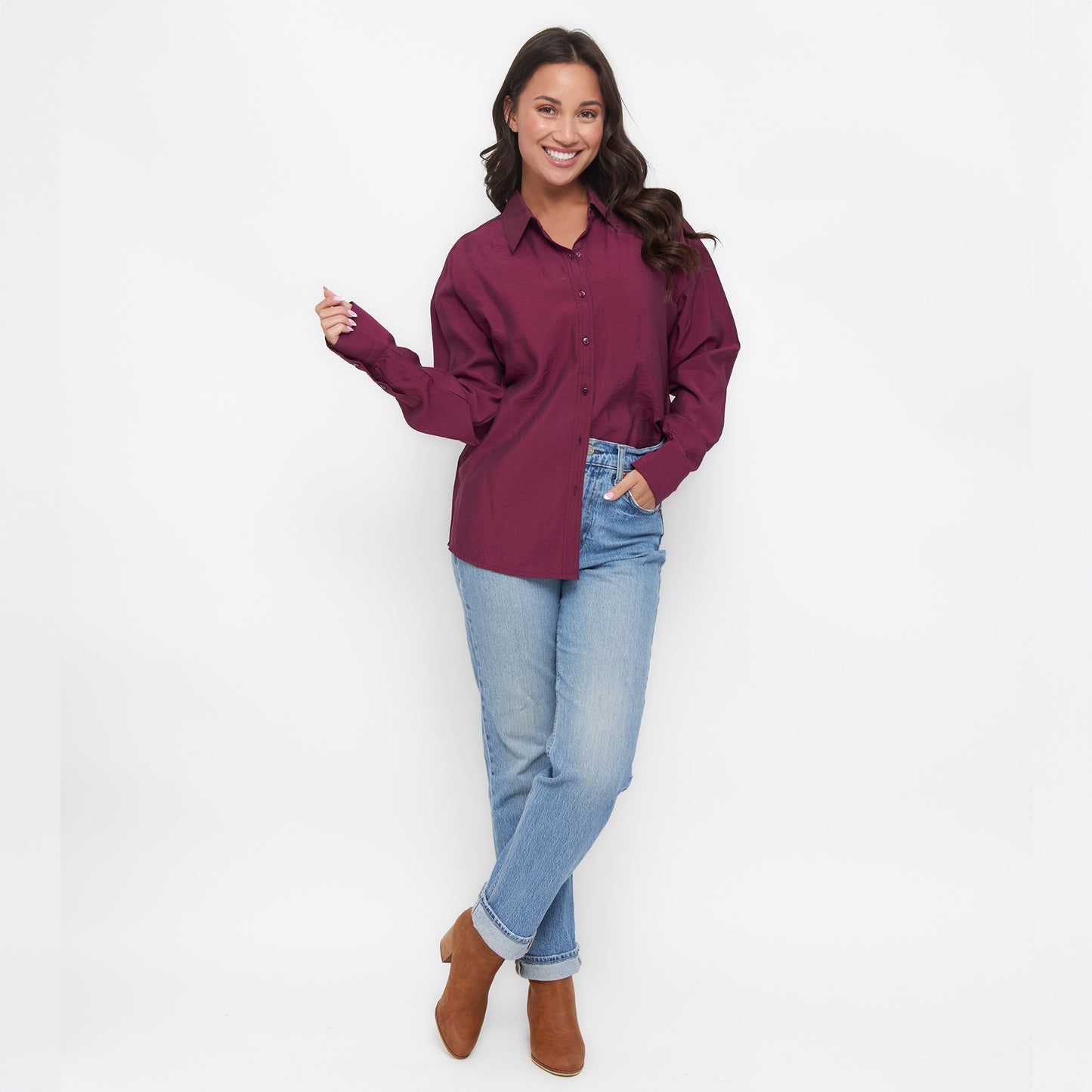Reece Collared Long Sleeve Boyfriend Button Up Top