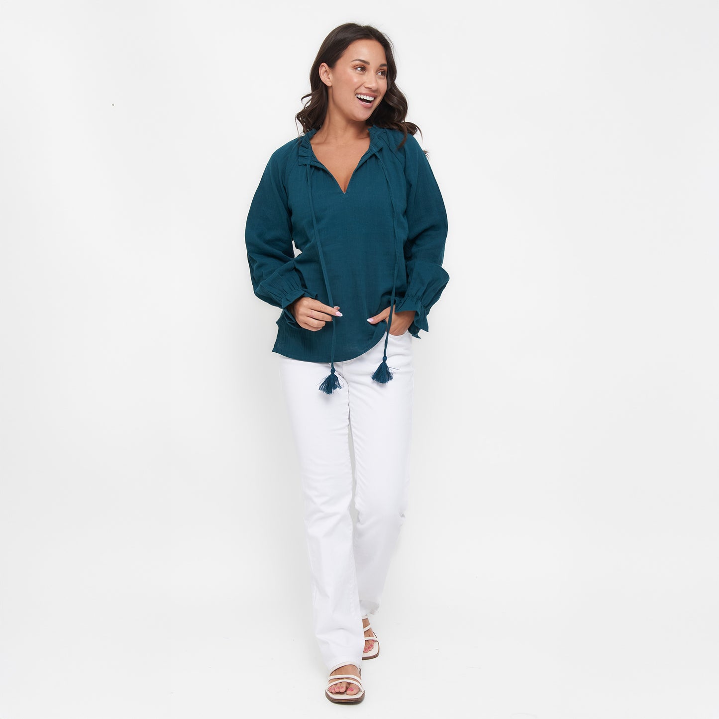 Jasmine Cotton Gauze V-Neck Long Sleeve Blouse