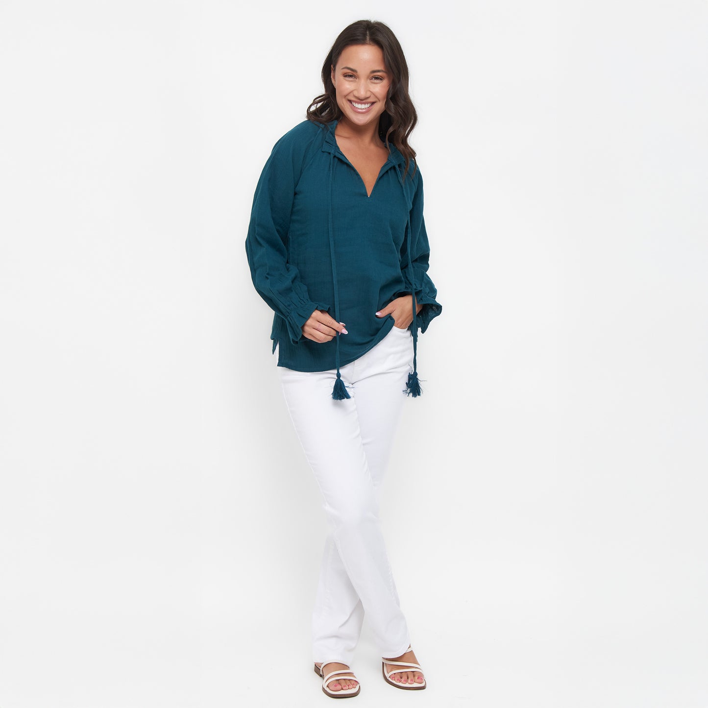 Jasmine Cotton Gauze V-Neck Long Sleeve Blouse