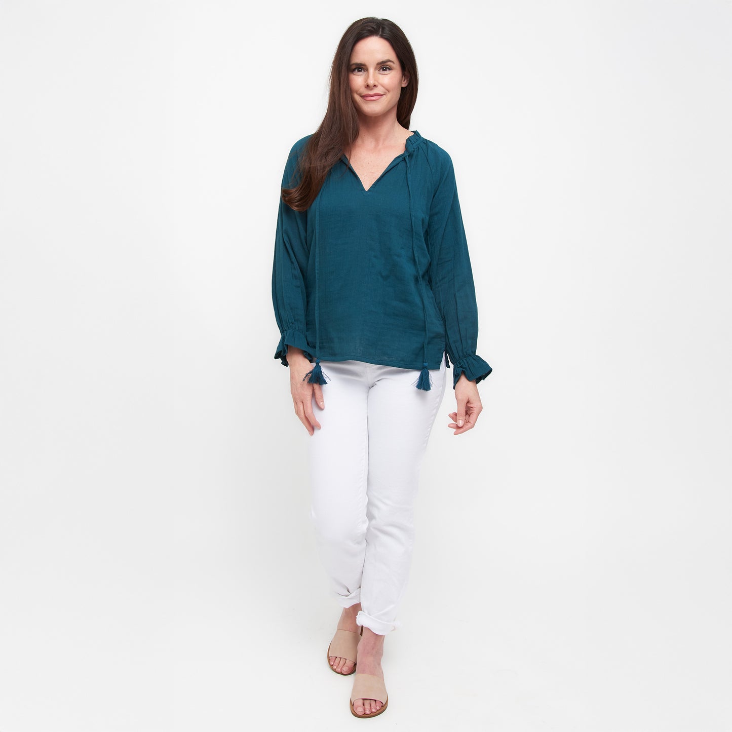 Jasmine Cotton Gauze V-Neck Long Sleeve Blouse