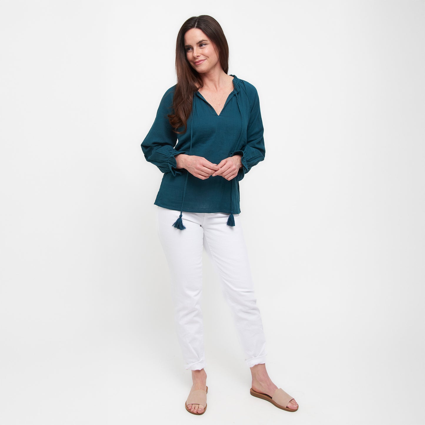 Jasmine Cotton Gauze V-Neck Long Sleeve Blouse