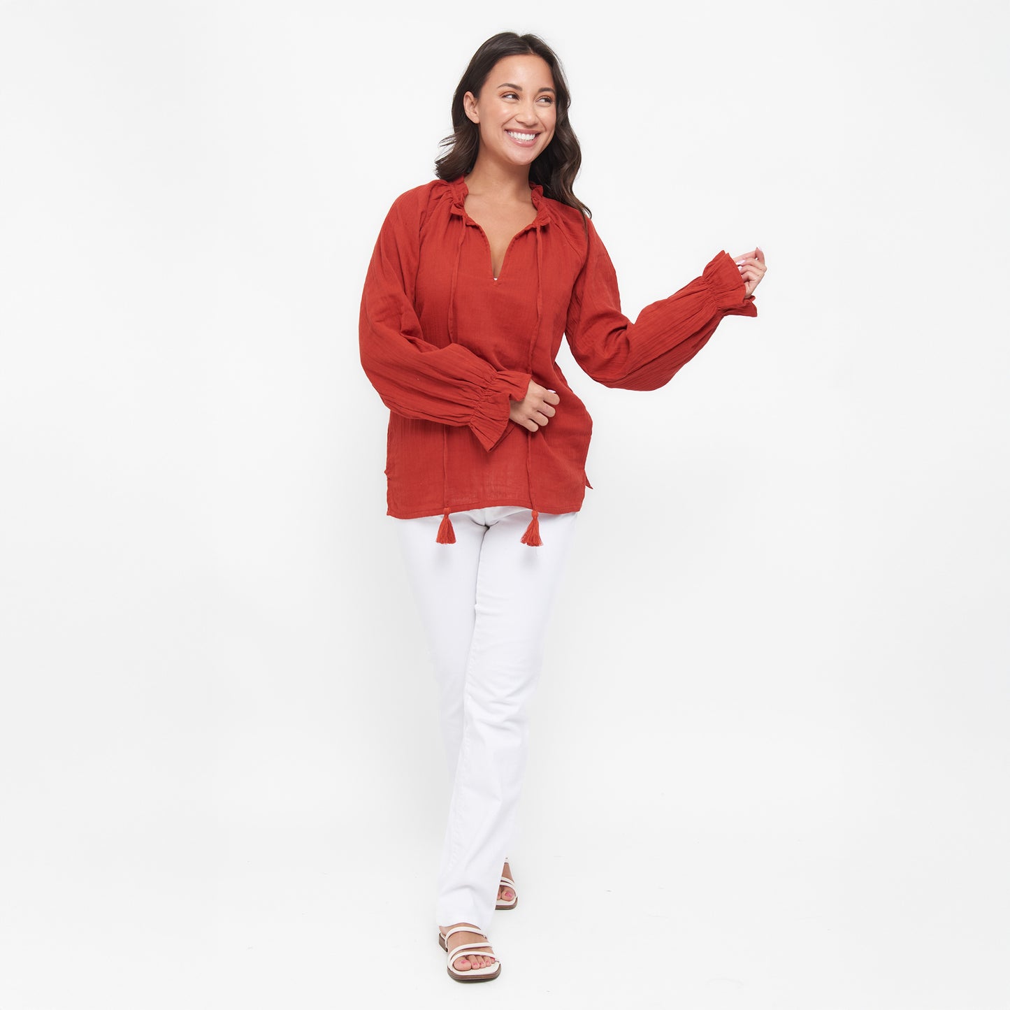 Jasmine Cotton Gauze V-Neck Long Sleeve Blouse