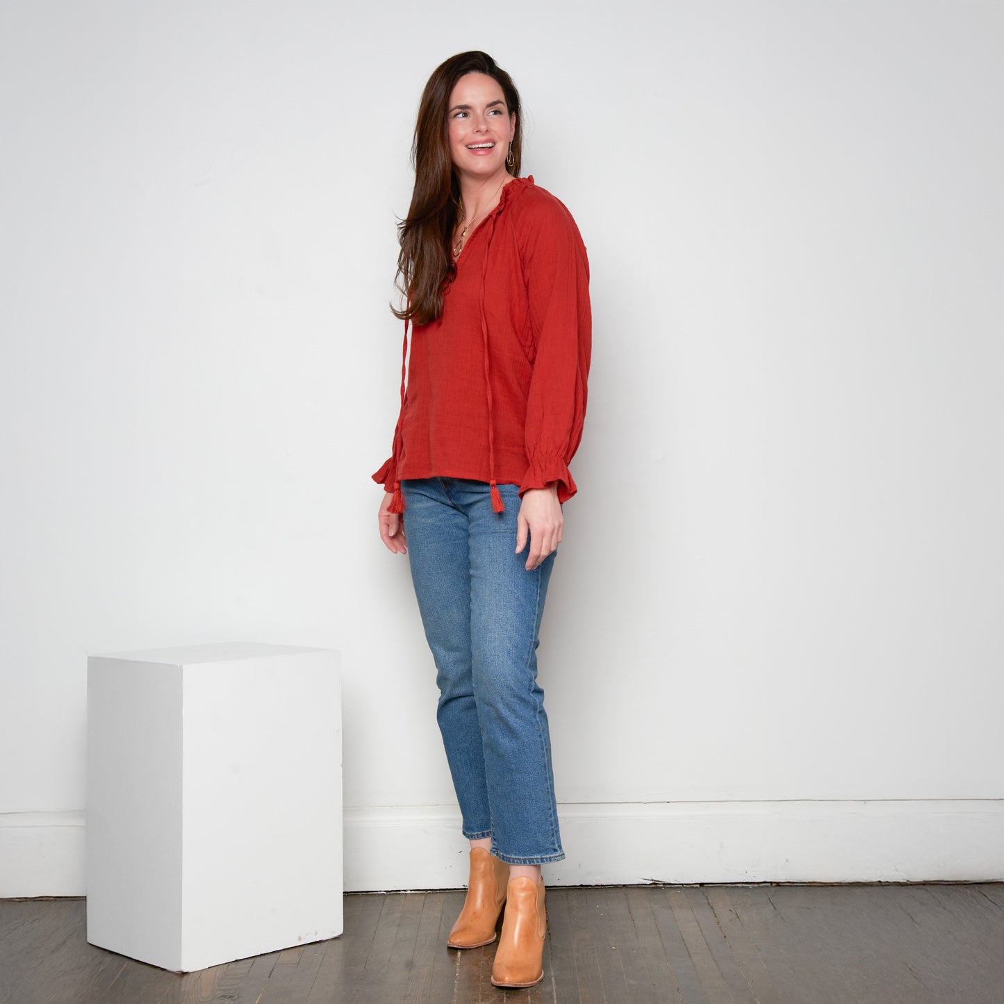 Jasmine Cotton Gauze V-Neck Long Sleeve Blouse
