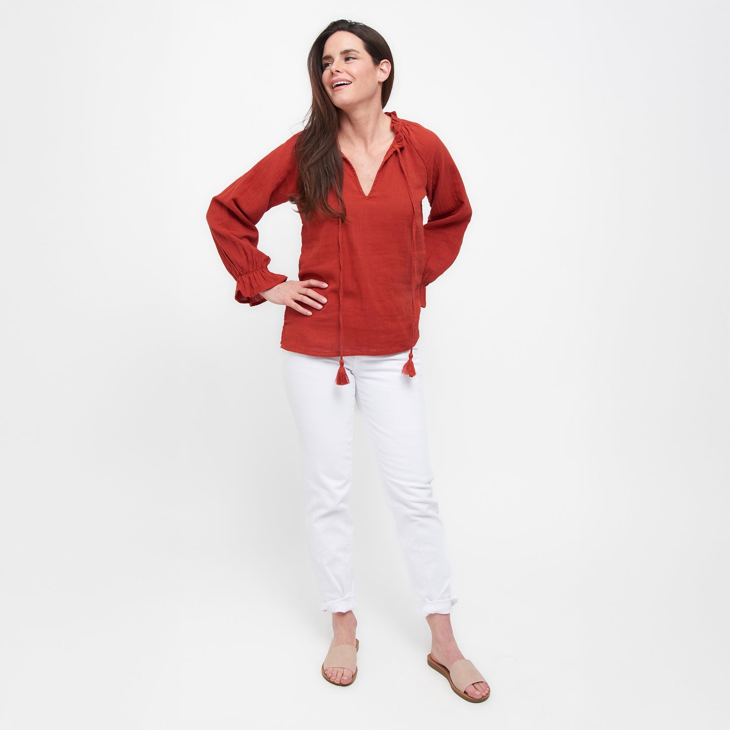Jasmine Cotton Gauze V-Neck Long Sleeve Blouse