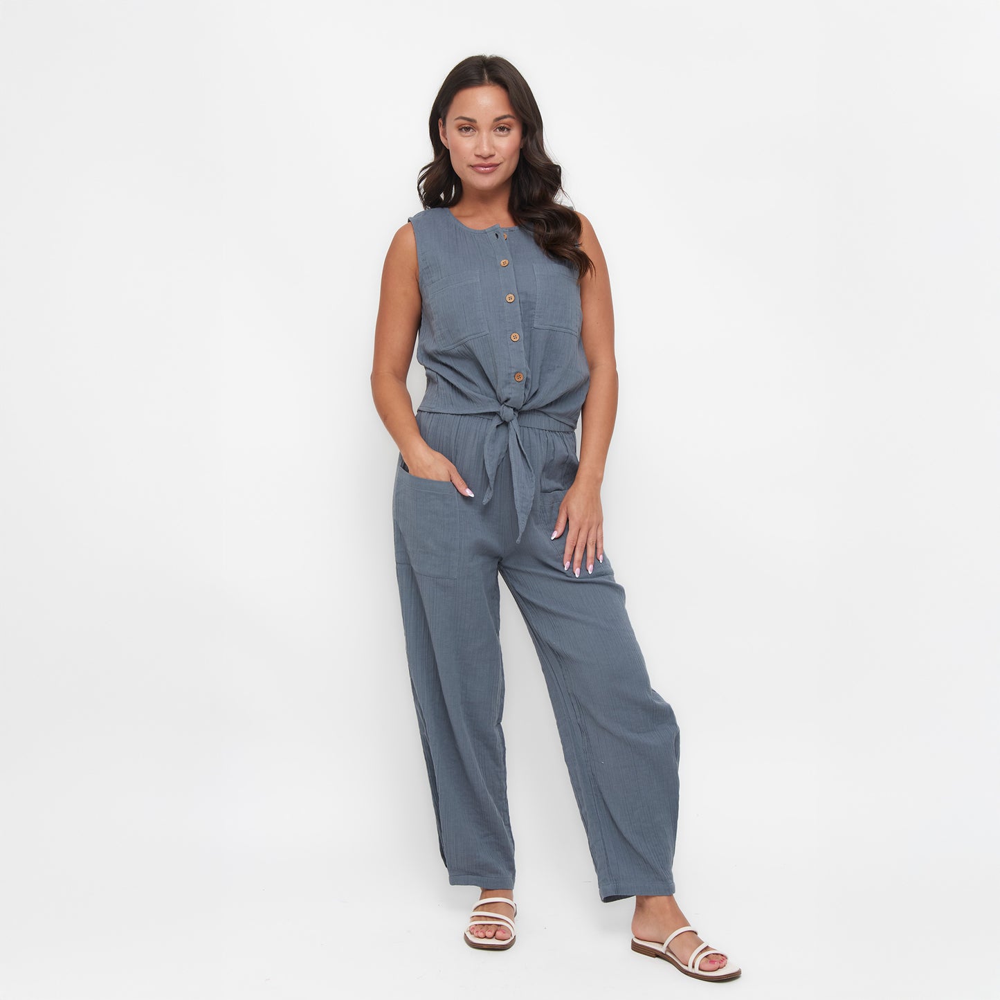 Jasmine Cotton Gauze Button Up Scoop Neck Tank Top