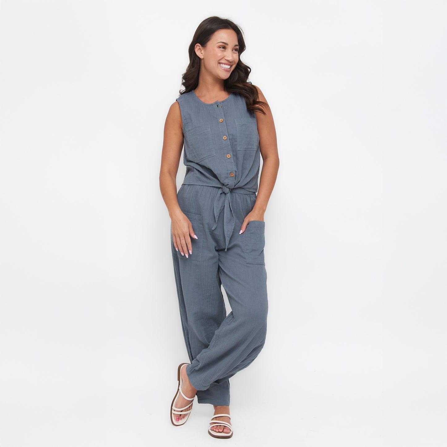 Jasmine Cotton Gauze Button Up Scoop Neck Tank Top