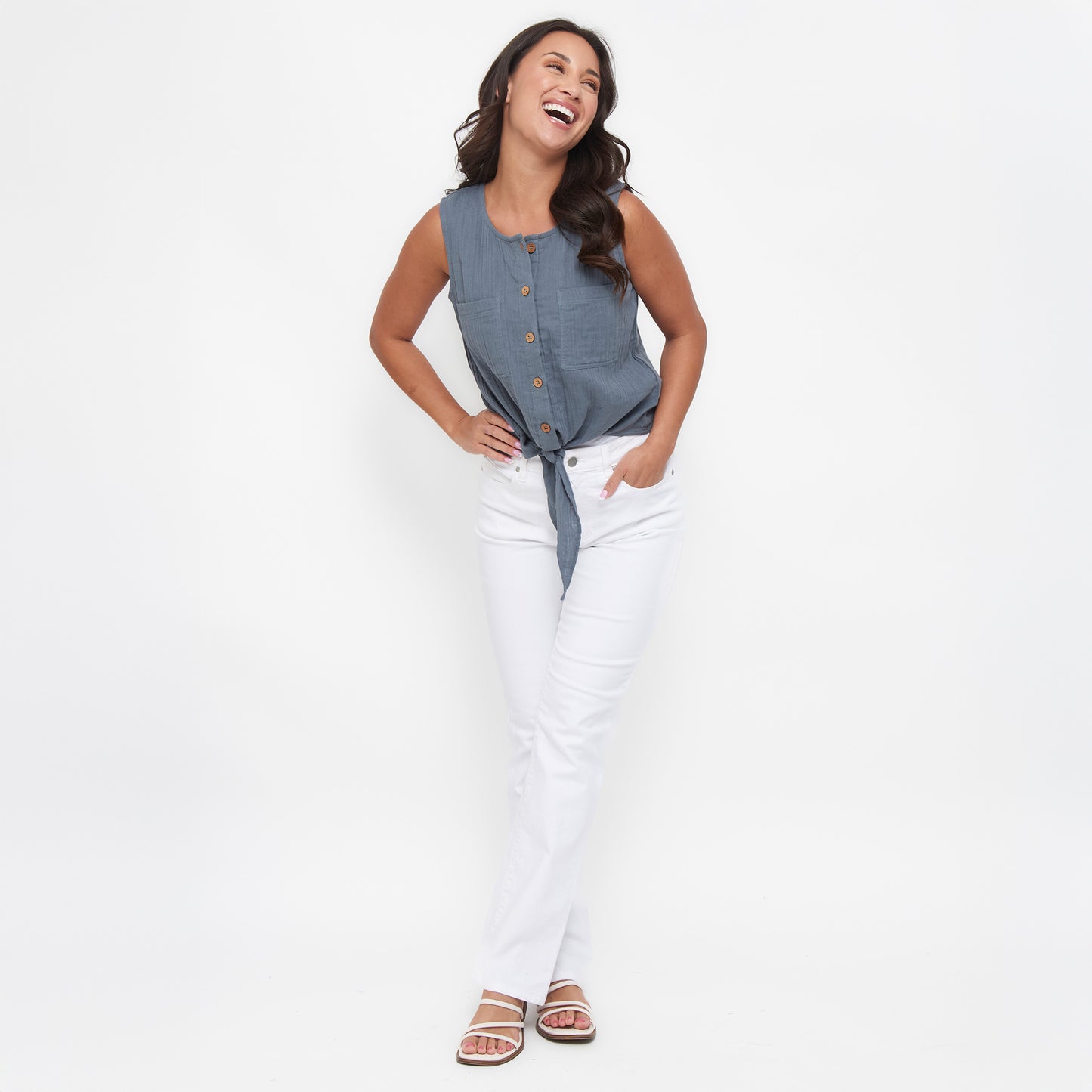 Jasmine Cotton Gauze Button Up Scoop Neck Tank Top