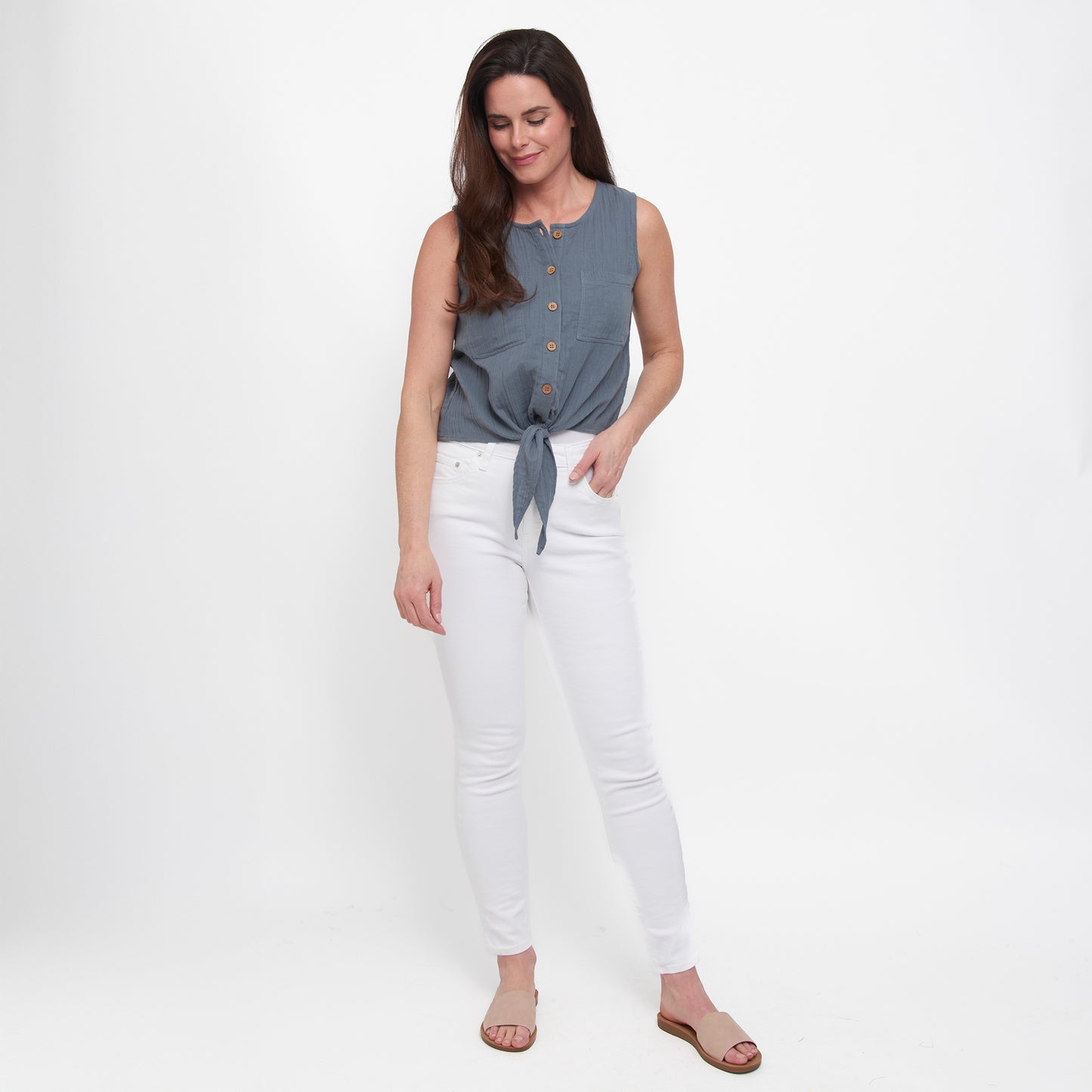 Jasmine Cotton Gauze Button Up Scoop Neck Tank Top