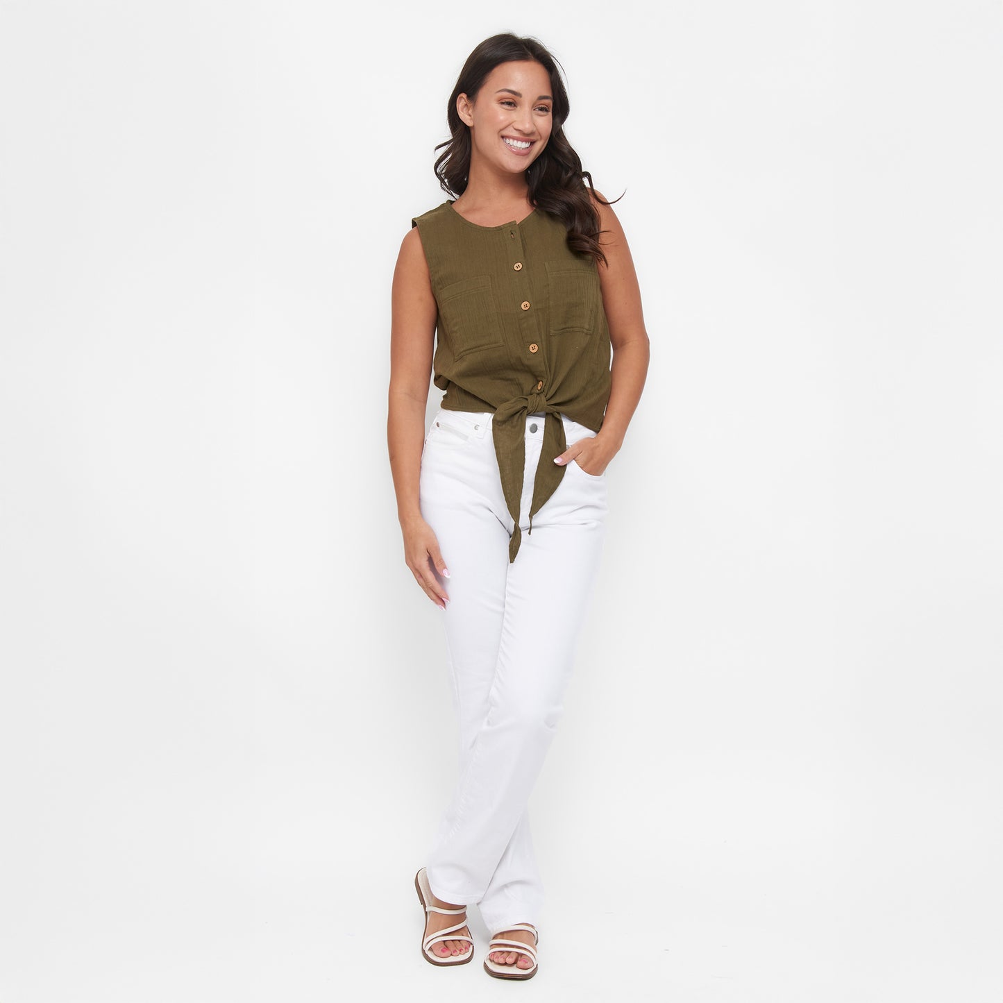 Jasmine Cotton Gauze Button Up Scoop Neck Tank Top